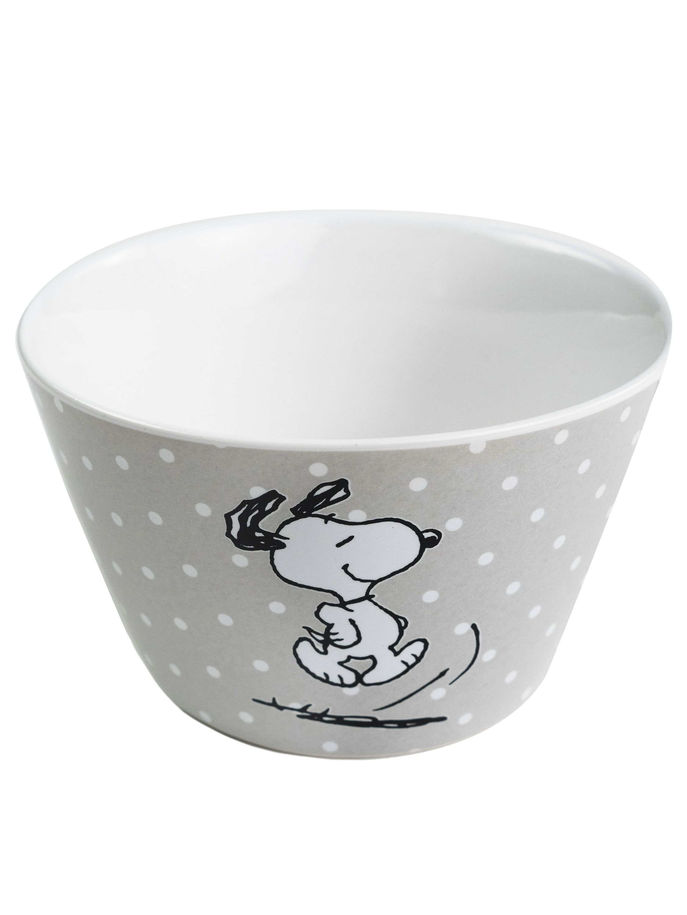Eine weiß-graue Schüssel mit Snoopy-Cartoonfigur. Snoopy springt und lächelt.