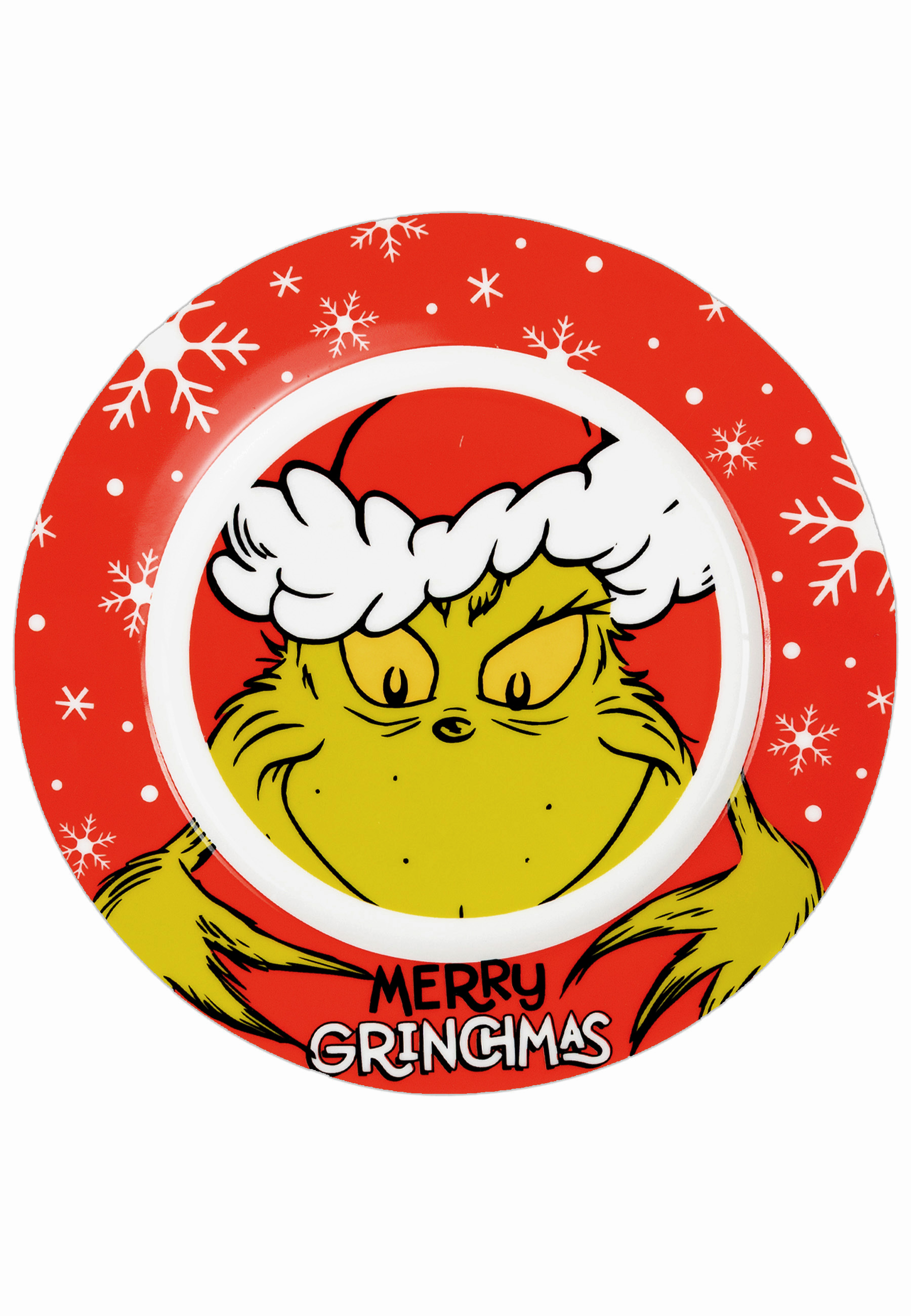 Ein Grinch-Teller mit Merry Grinchmas darauf geschrieben. Er hat einen roten Rand und weiße Schneeflocken.