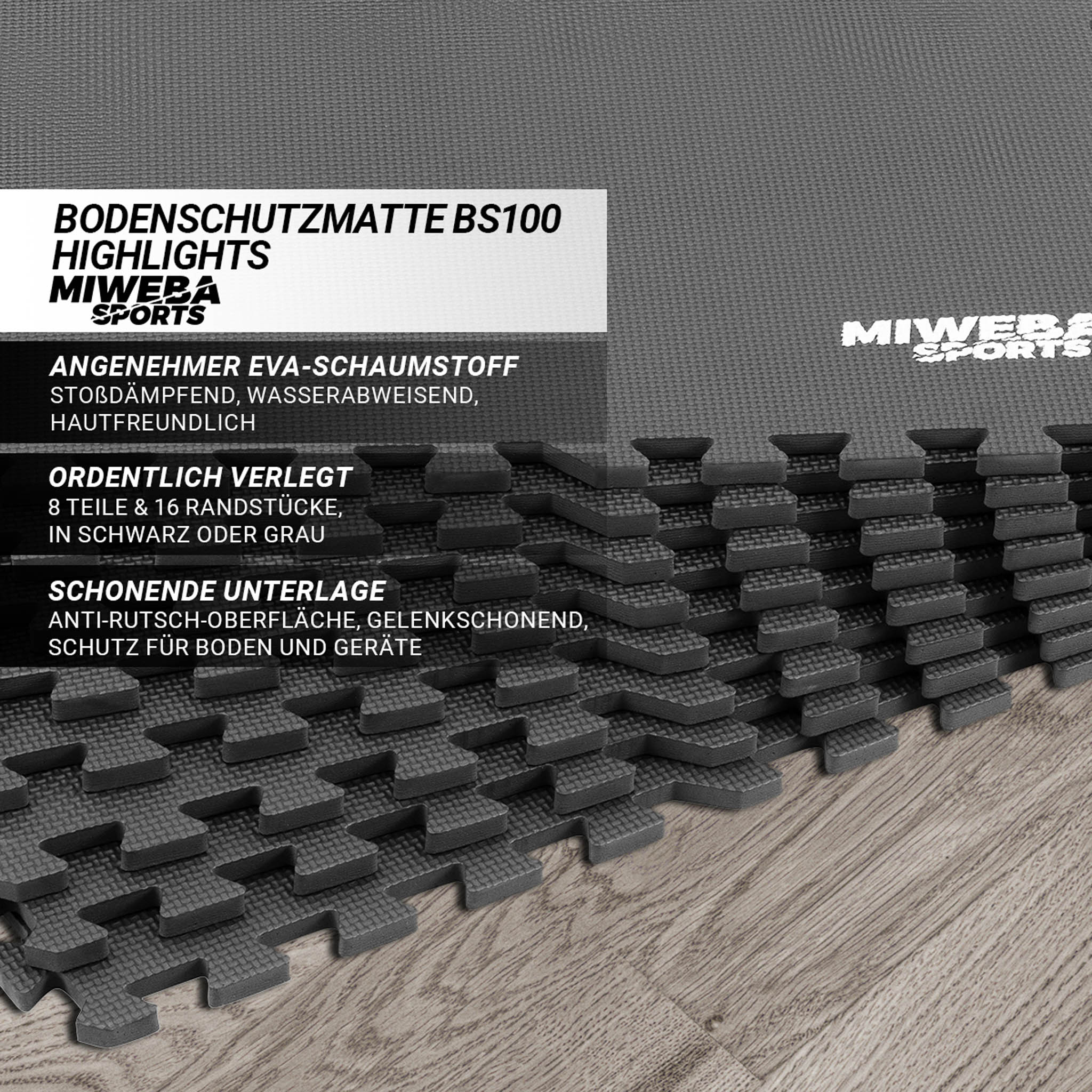 Ineinandergreifende graue Schaumstoff-Bodenmatten mit Text oben, der Produktdetails zeigt.