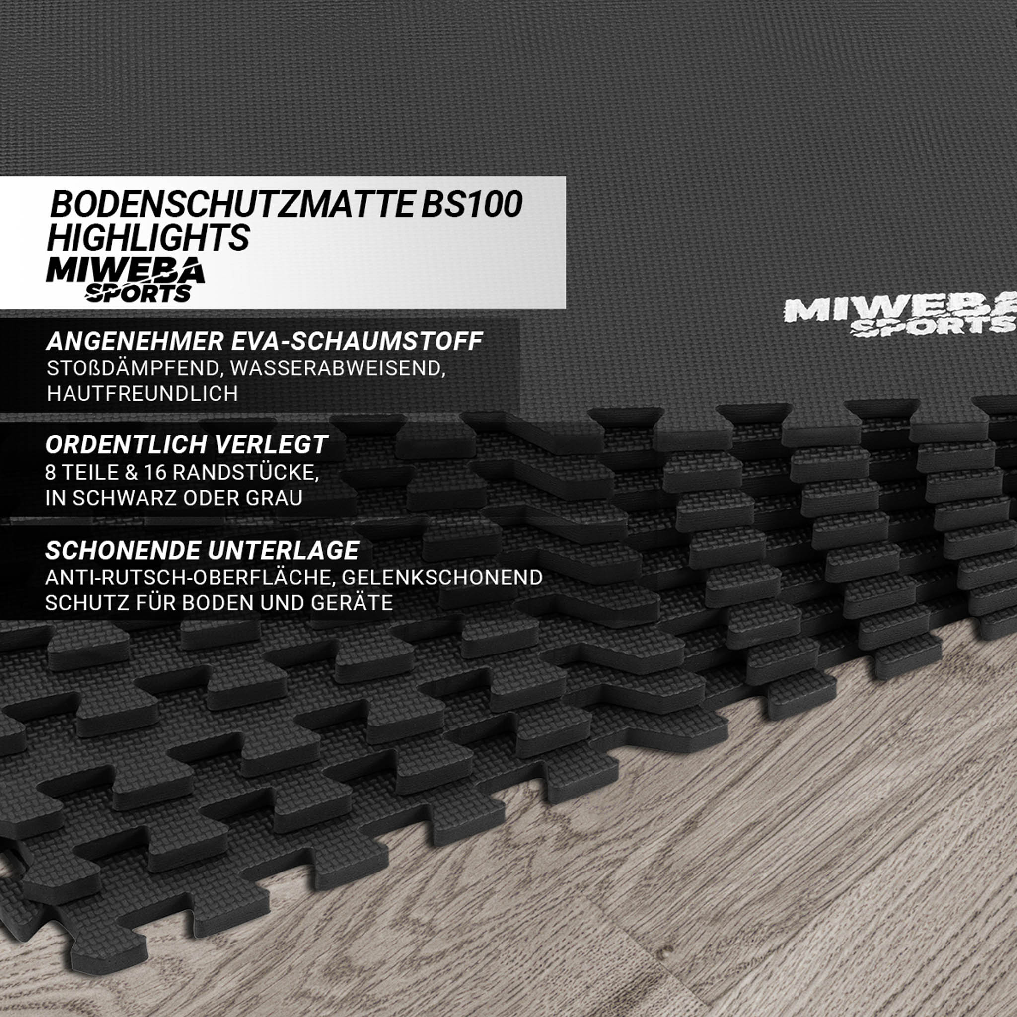 Schwarze Schaumstoff-Bodenmatten mit Text. Text lautet: Bodenschutzmatte BS100 Highlights.