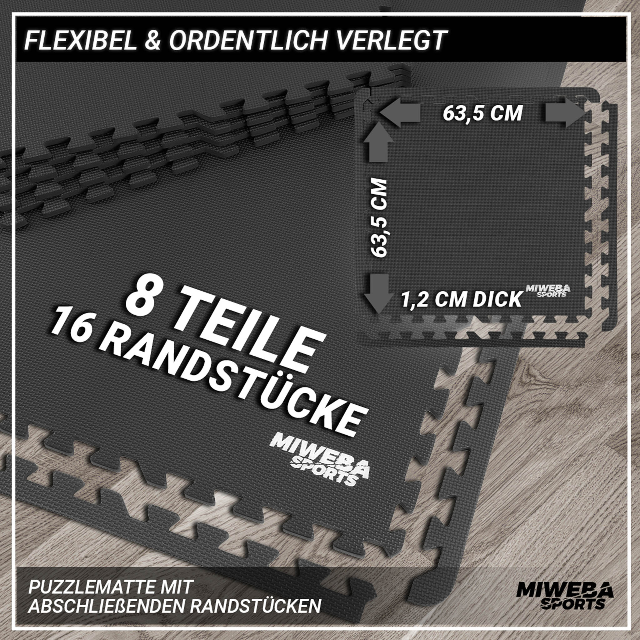 Schwarze Puzzleteile mit Maßen und Text auf Deutsch. Die Matten sind ineinandergreifend.