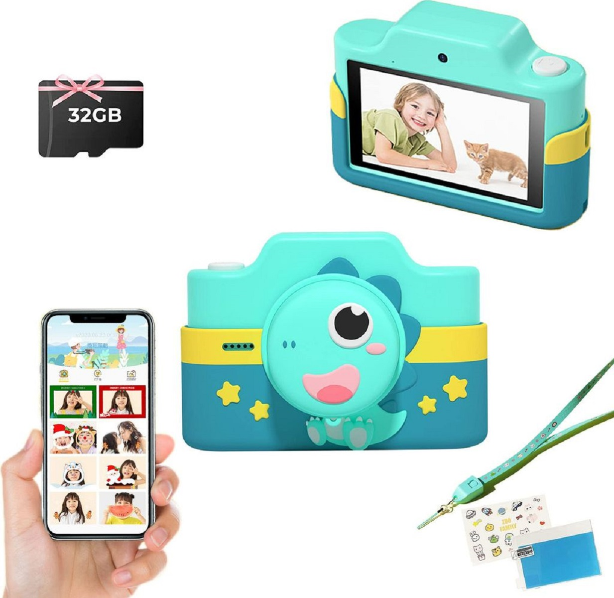 Kinderkamera mit Bildschirm, der ein Kind und eine Katze zeigt, plus ein Telefon mit Fotos.