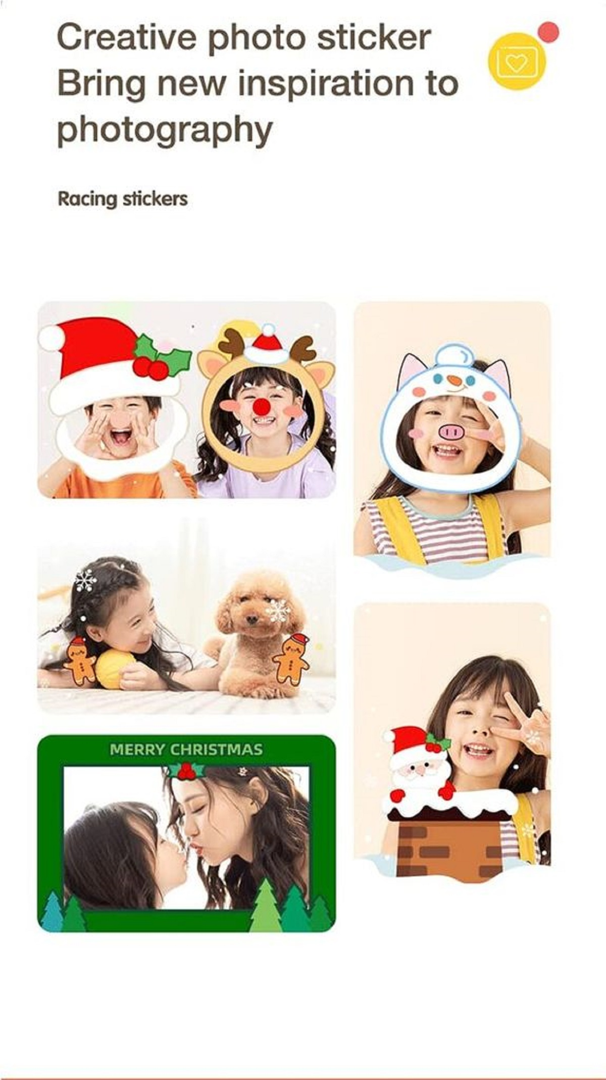 Kinder posieren mit Fotostickern. Es gibt ein Weihnachtsthema und einen Hund.
