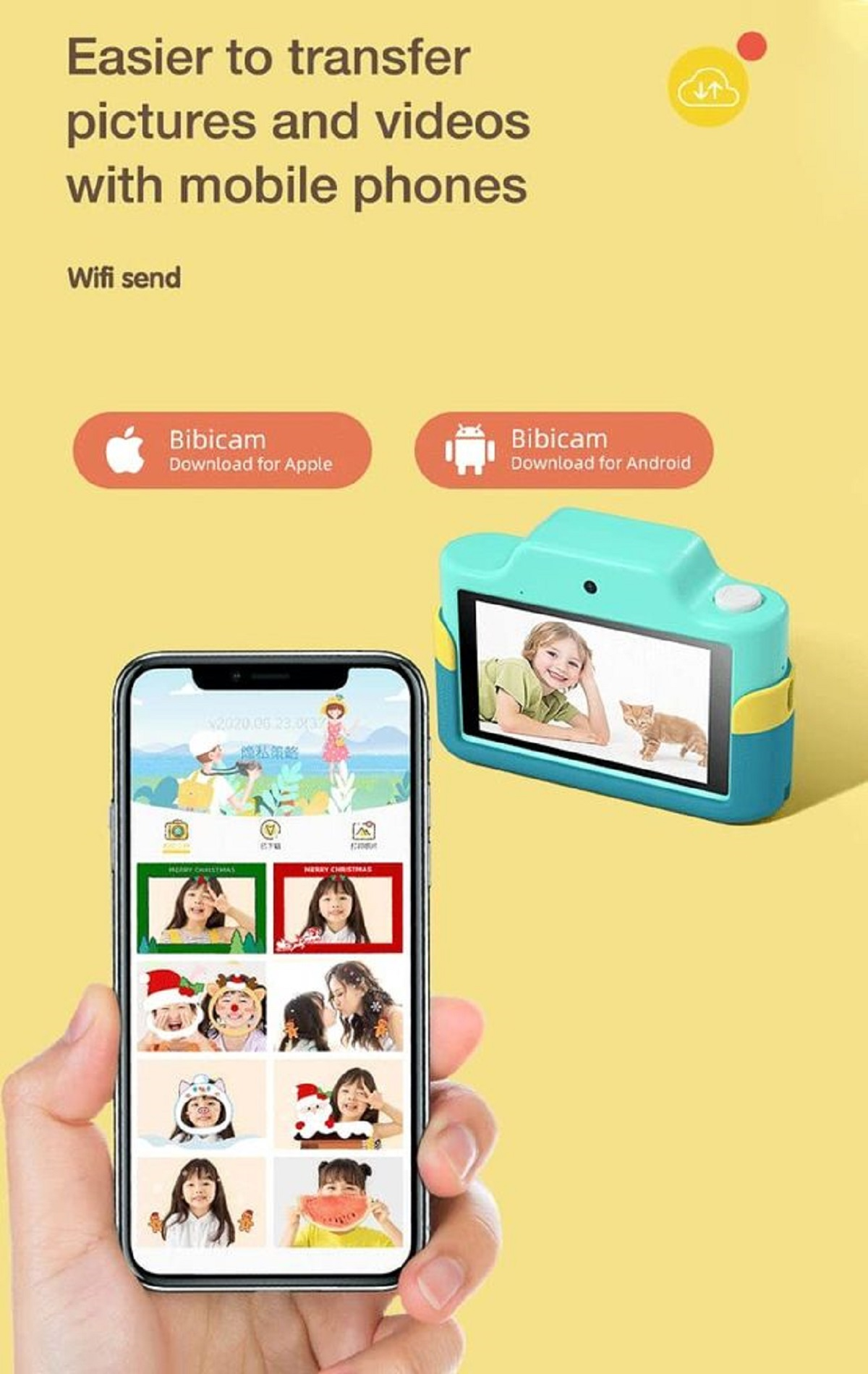 Eine Kinderkamera und ein Telefonbildschirm mit Bildern. Text lautet 'Einfacher, Bilder und Videos zu übertragen'.