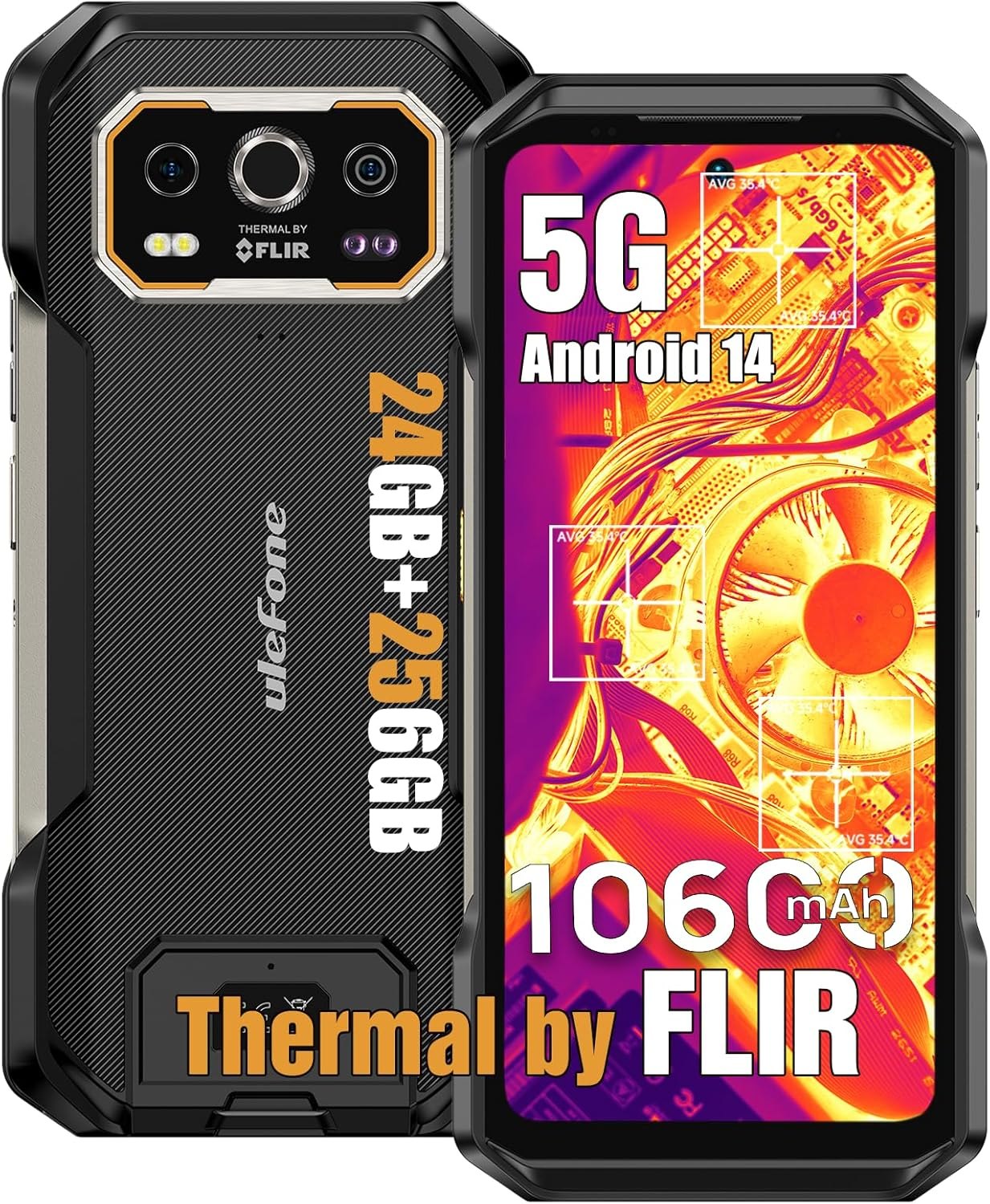Uno smartphone nero e arancione robusto con una funzione di termocamera.