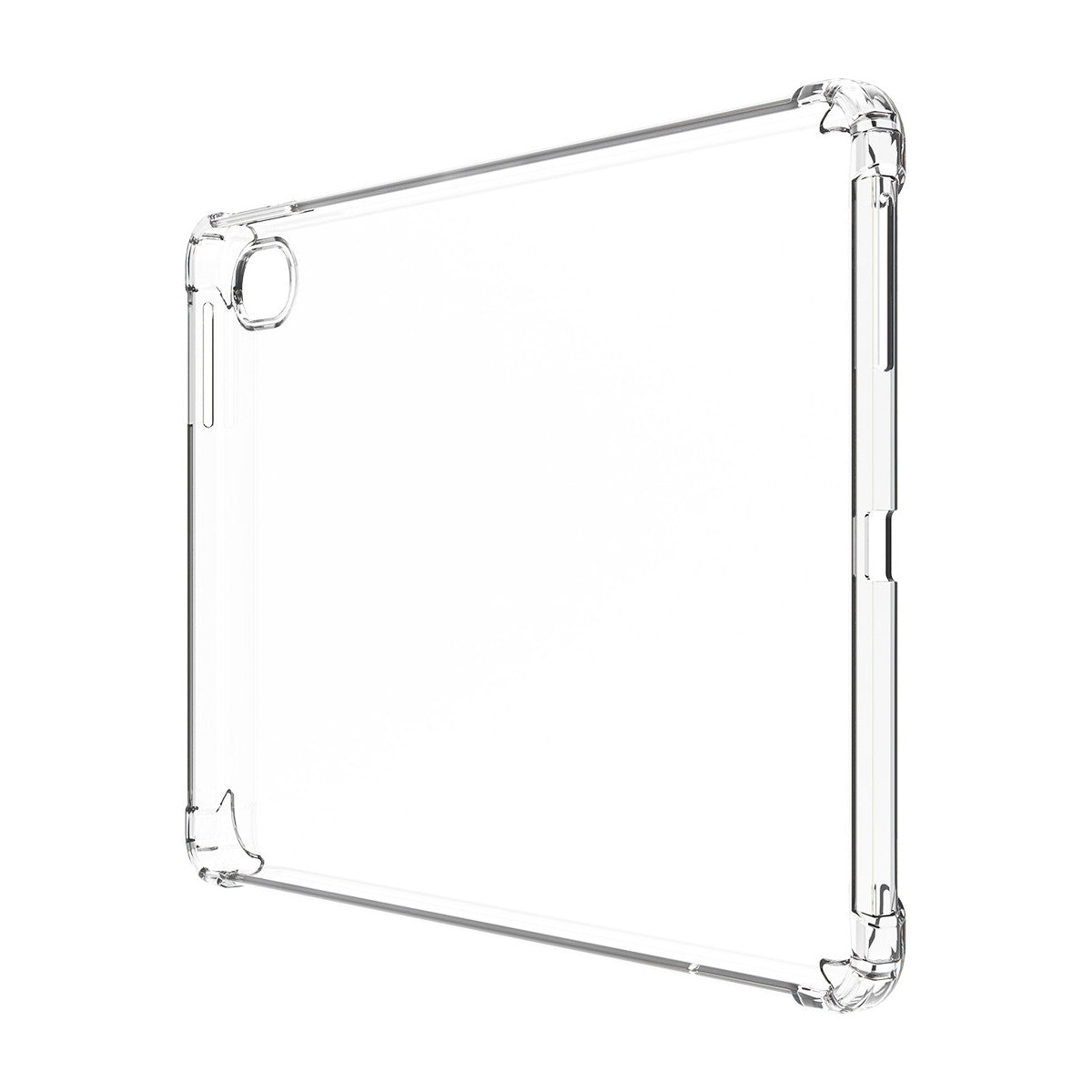 Una funda transparente para tableta. La funda es transparente y tiene esquinas protectoras. El fondo es blanco.