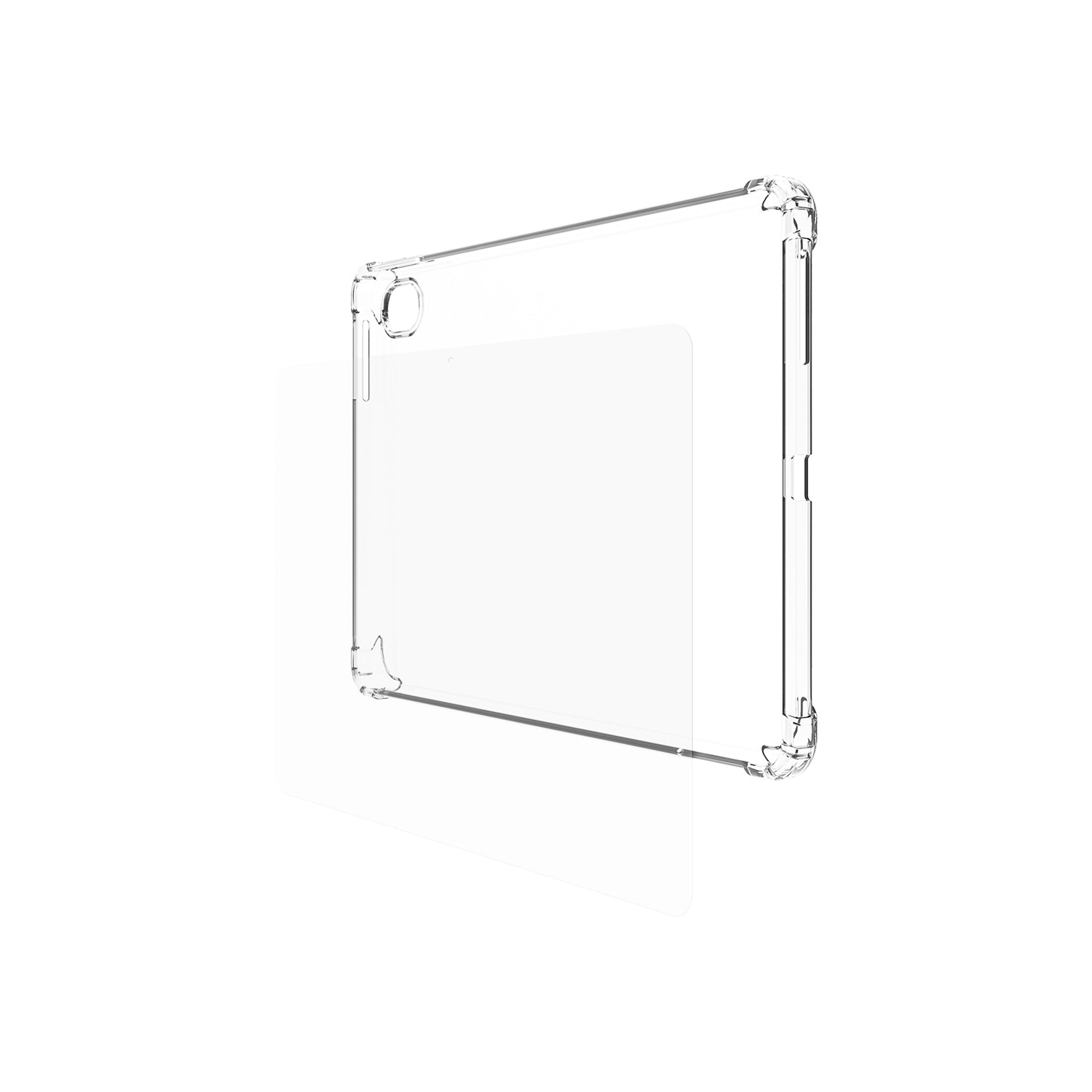 Funda transparente para tableta, con una abertura para la cámara y un protector de pantalla transparente.