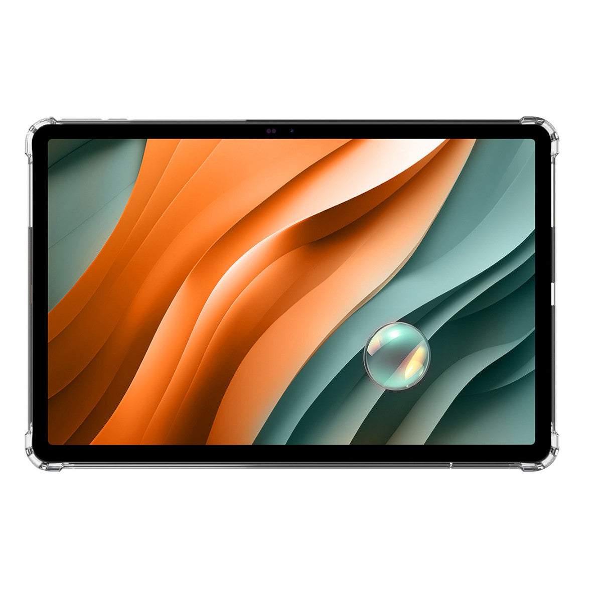 Tableta con funda transparente. La pantalla muestra un diseño abstracto azul y naranja.