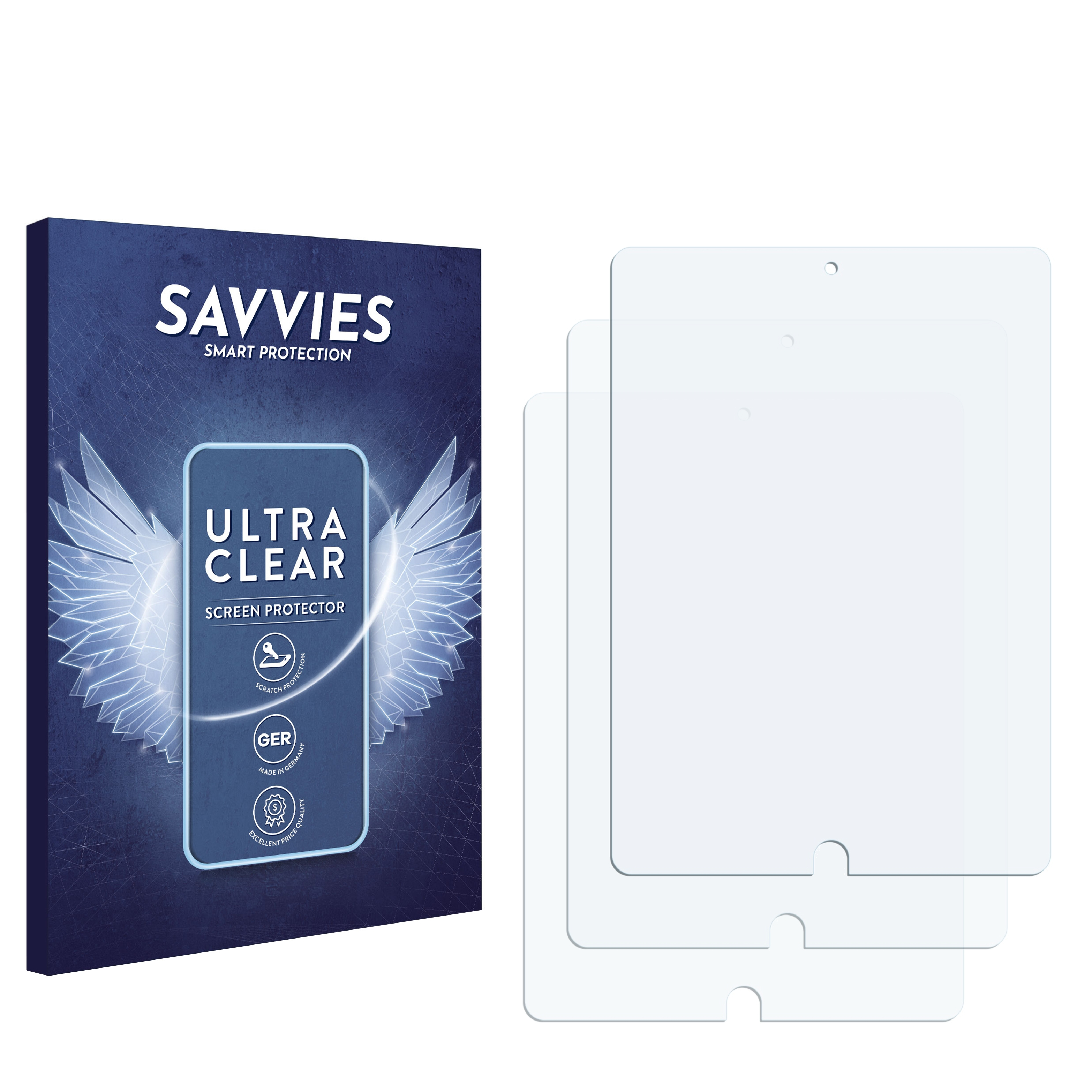 Verpackung für Displayschutzfolie mit Tablet-Grafik und zwei Schutzfolien.
