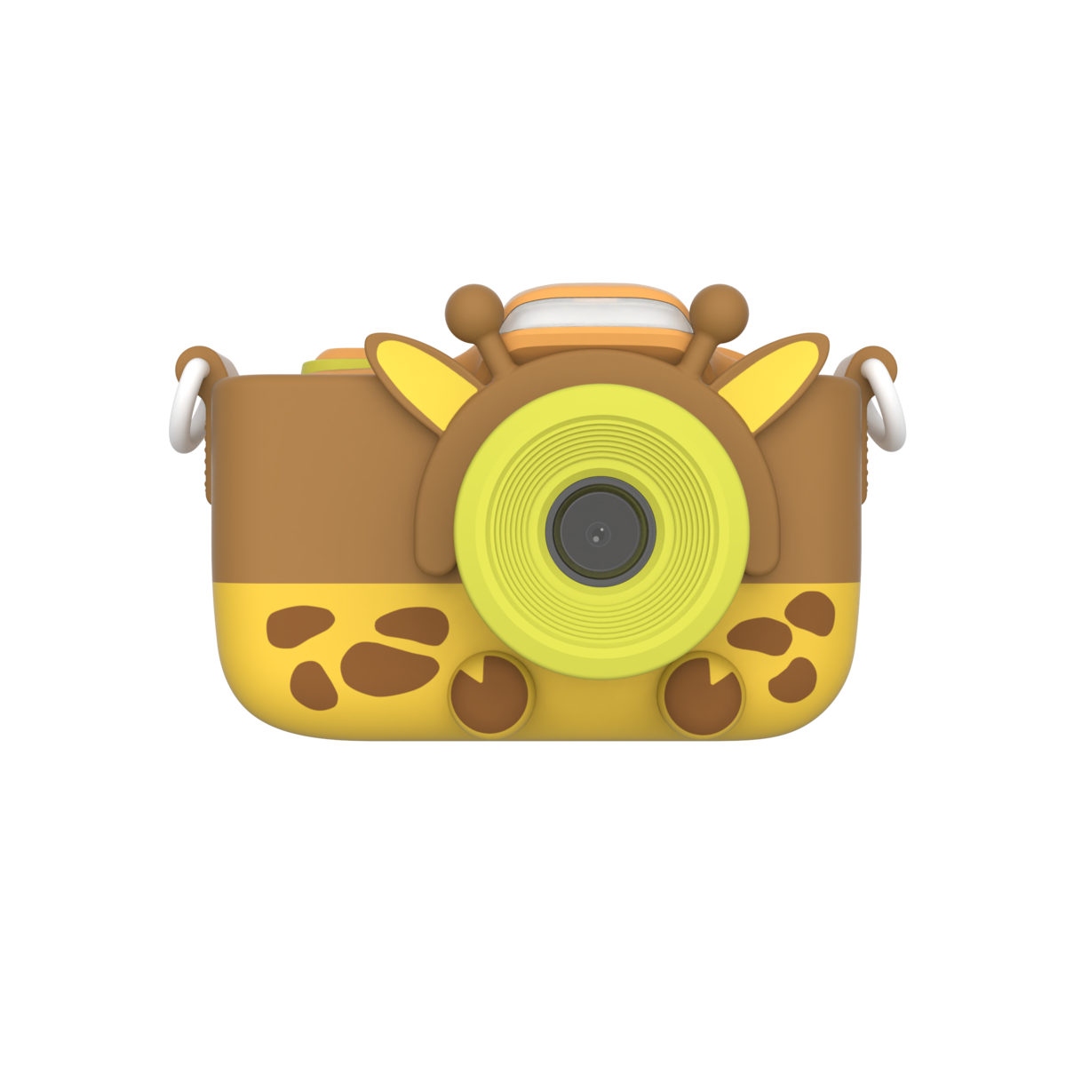 Eine Kamera im Giraffen-Design, braun und gelb, mit Objektiv und zwei weißen Griffen.