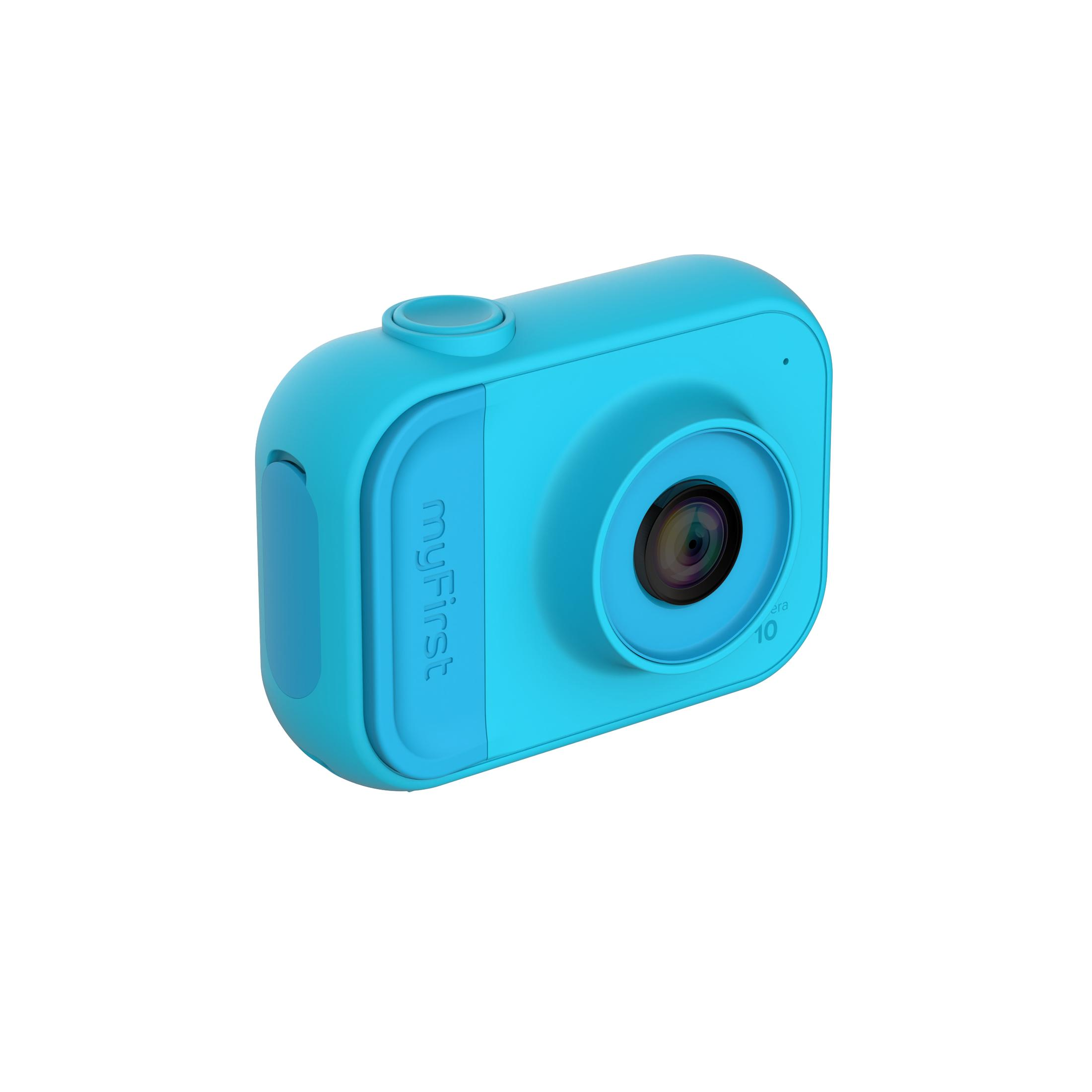 Eine blaue Kamera mit einem schwarzen Objektiv. Die Kamera ist auf den Betrachter gerichtet.