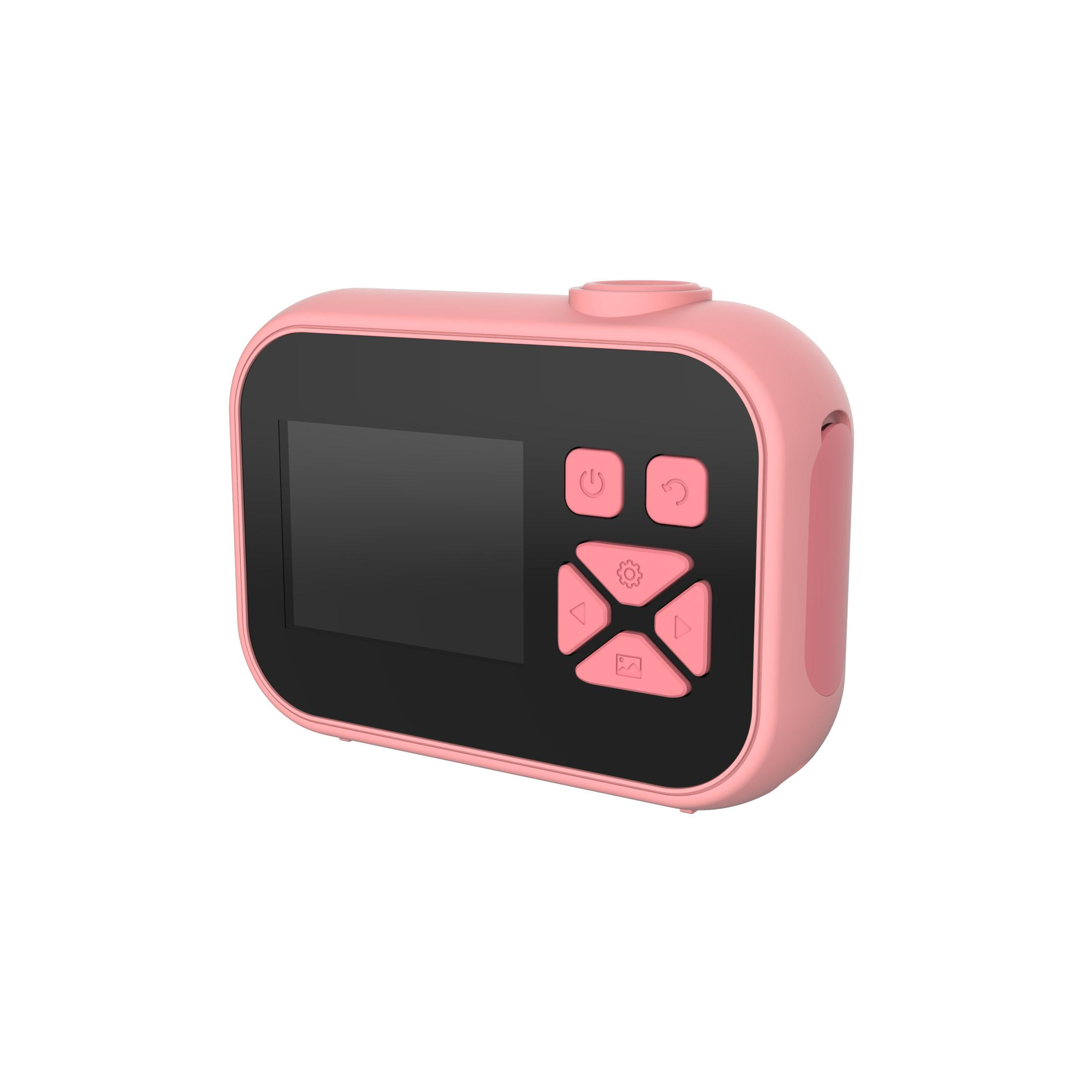 Roze digitale camera met knoppen en een scherm.
