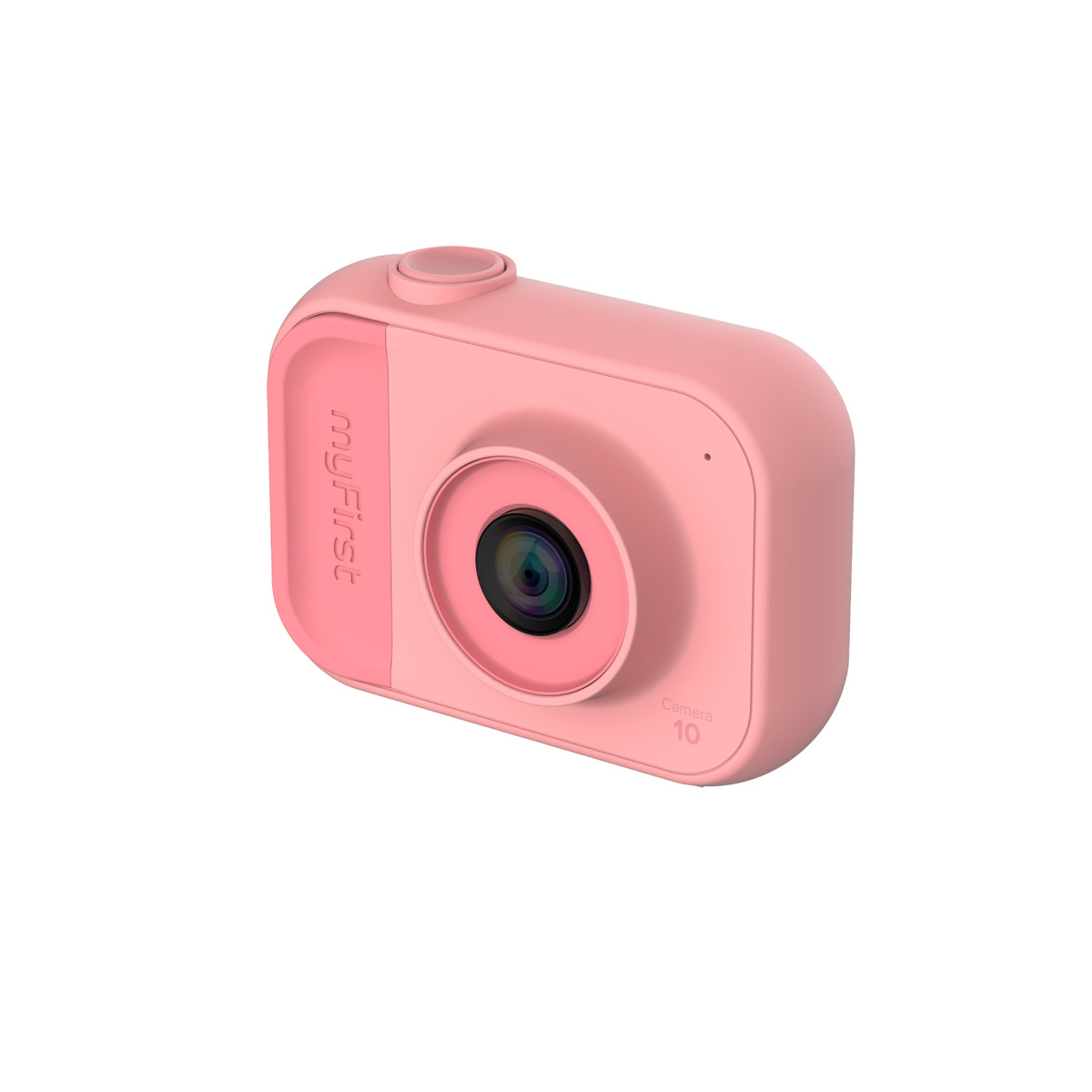 Roze myFirst camera op witte achtergrond. Het heeft een lens, een knop en het woord 'camera'.