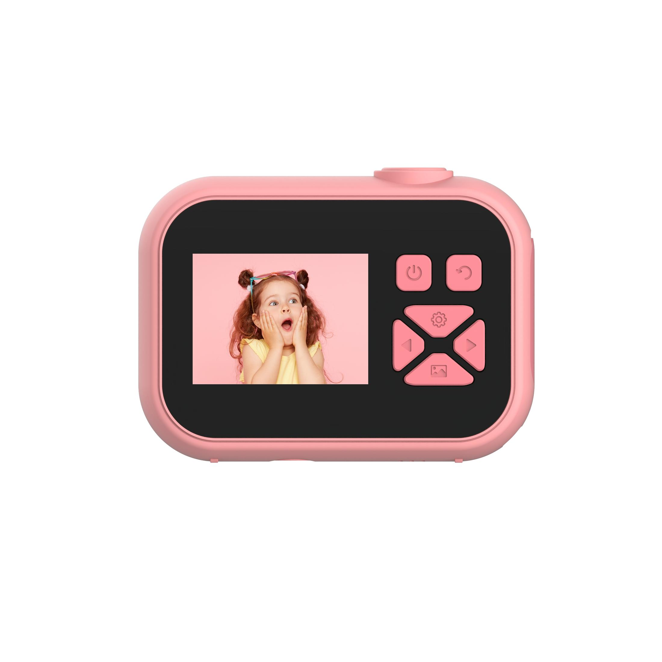 Roze digitale camera met een scherm waarop een meisje te zien is.