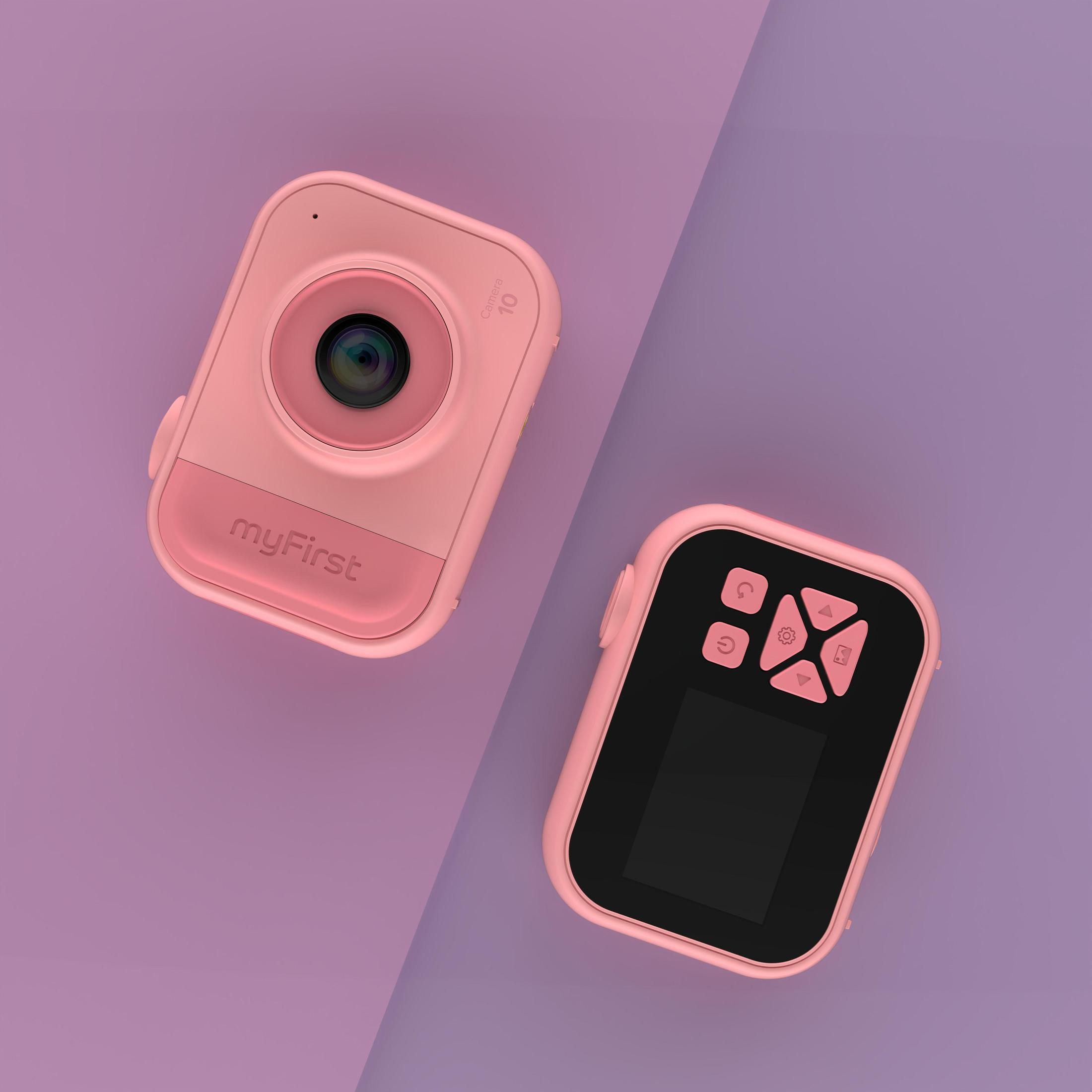 Twee roze speelgoedcamera's, één met lens naar voren, de andere met knoppen en scherm.