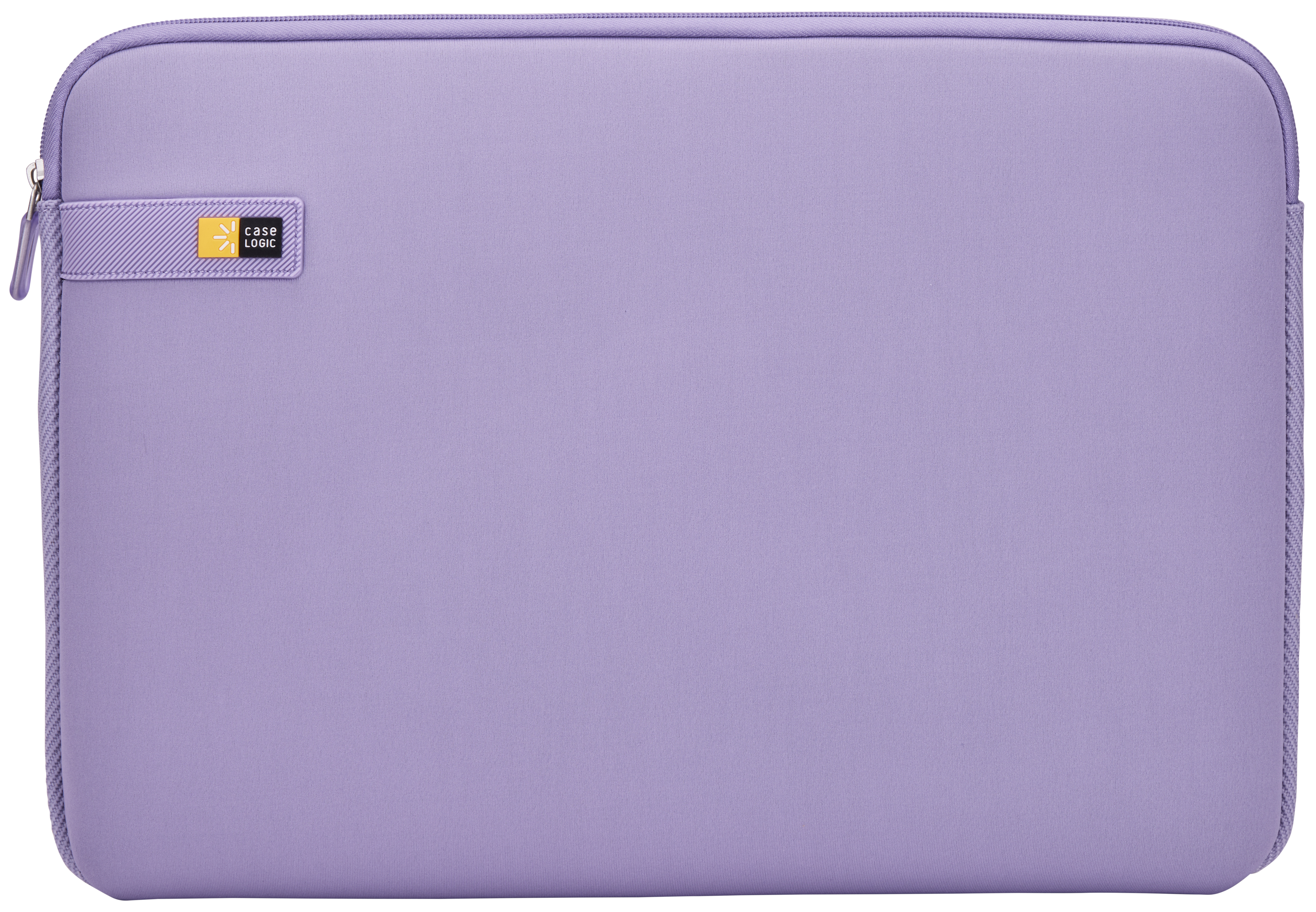 Una custodia per laptop morbida, viola chiaro, con cerniera e una piccola etichetta Case Logic.