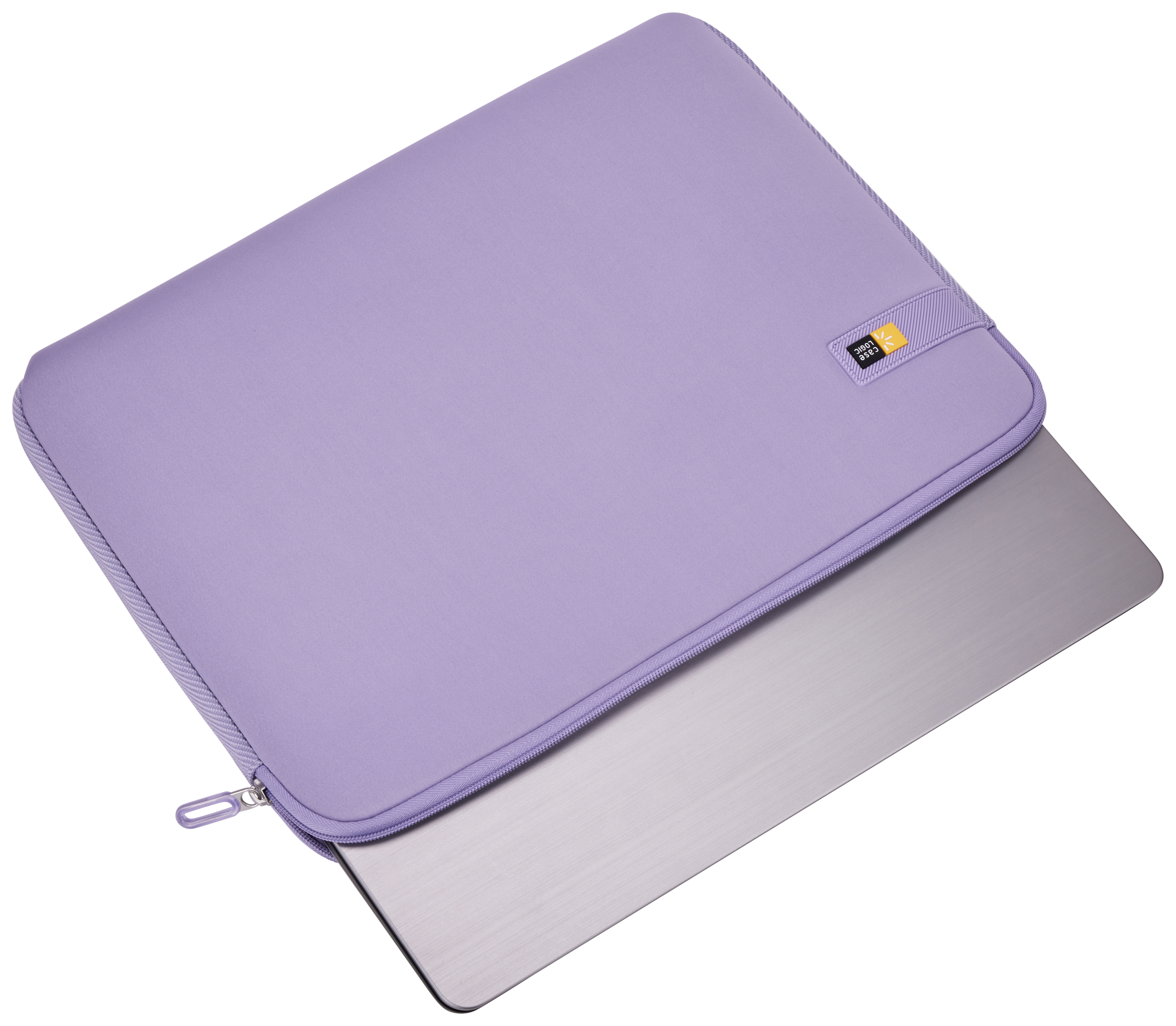 Una custodia viola per laptop con un laptop all'interno. La custodia è chiusa.