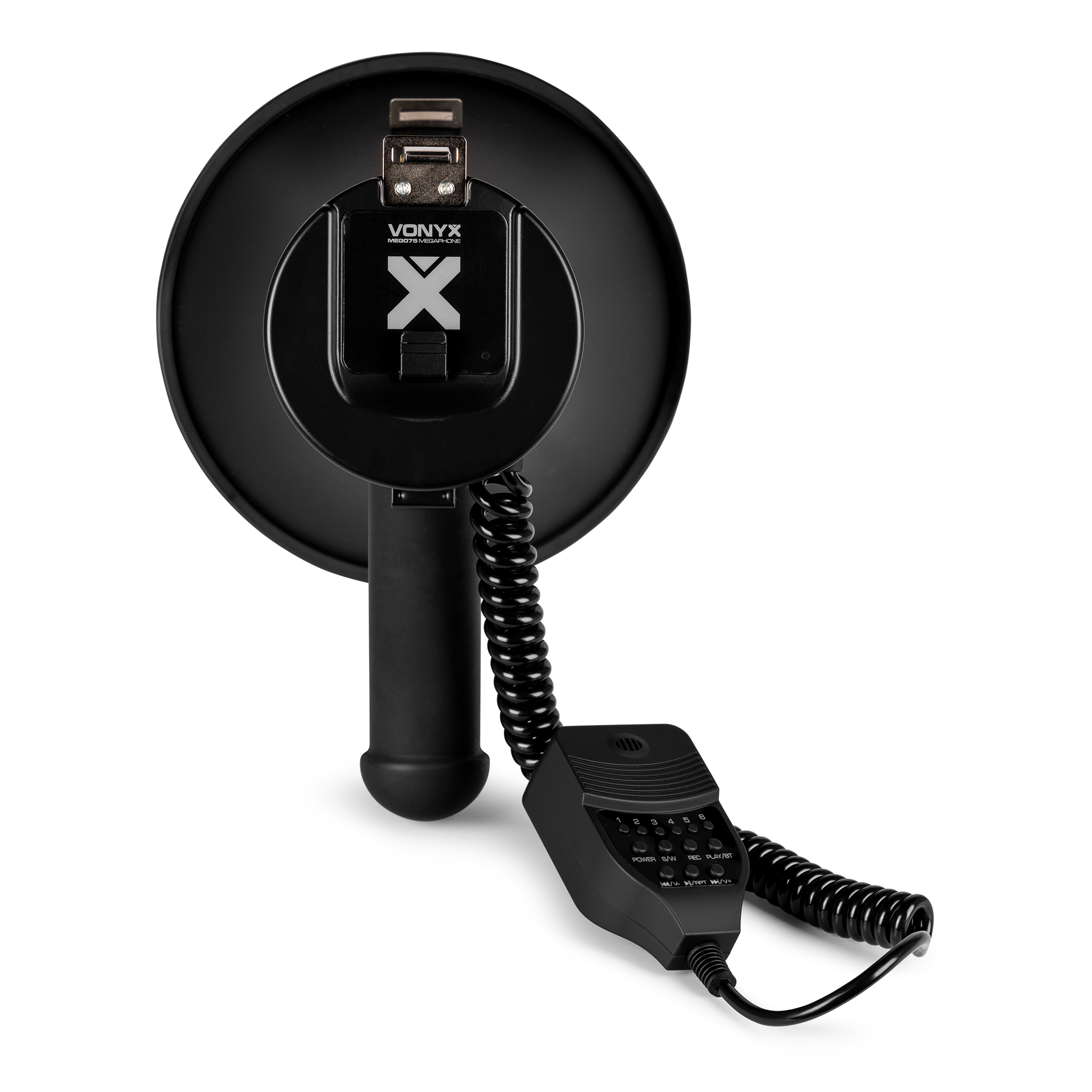 Black megaphone, rear view.  Handle, microphone, and cord with a control panel, and a black bell.