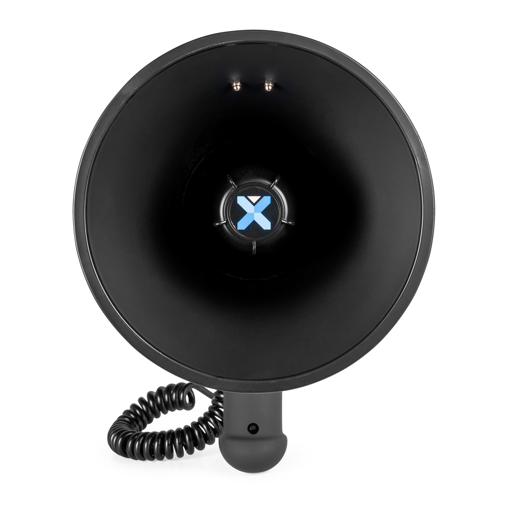 Black megaphone with a coiled wire. The front has a blue X logo.