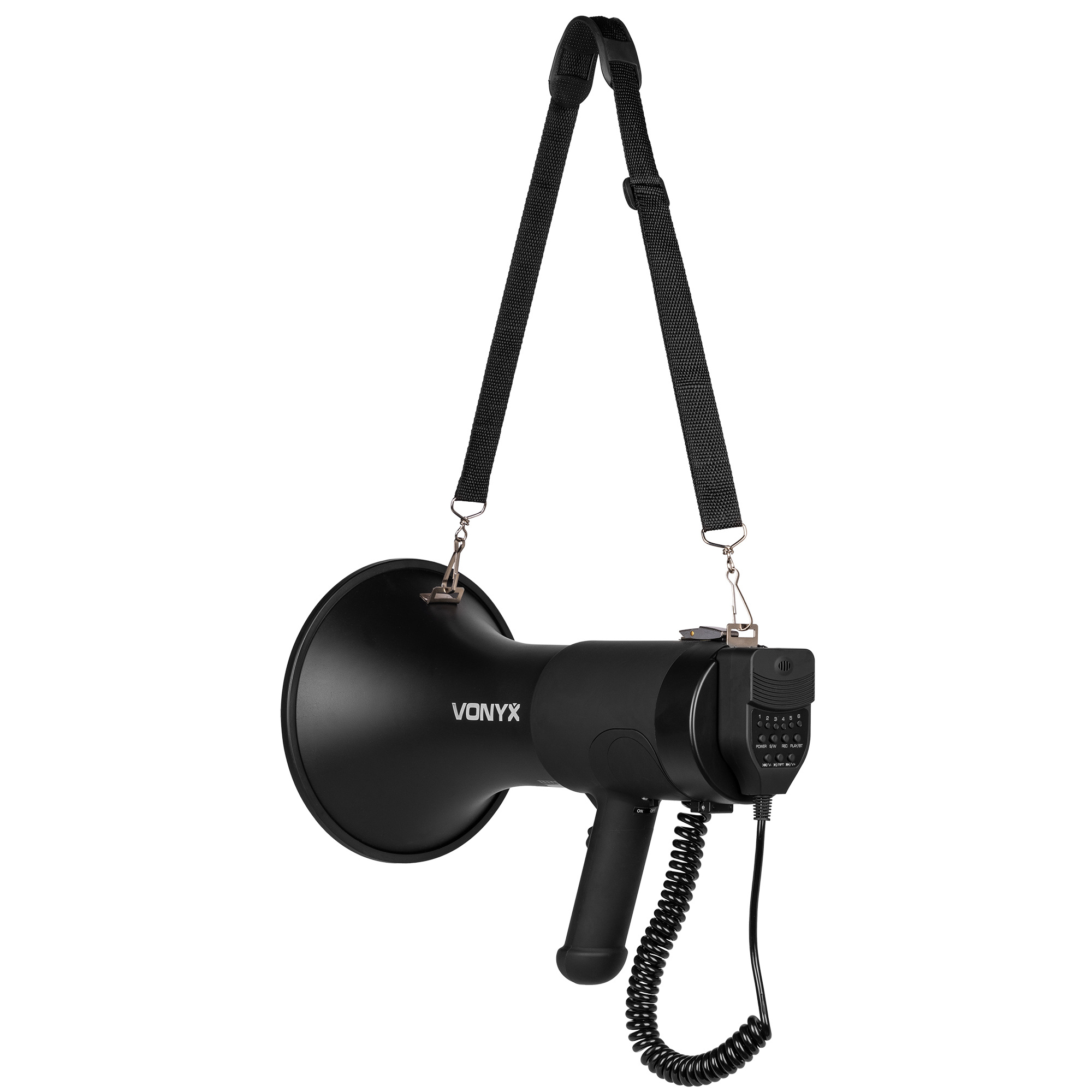 A black megaphone with a black strap hanging from it, isolated on a white background.