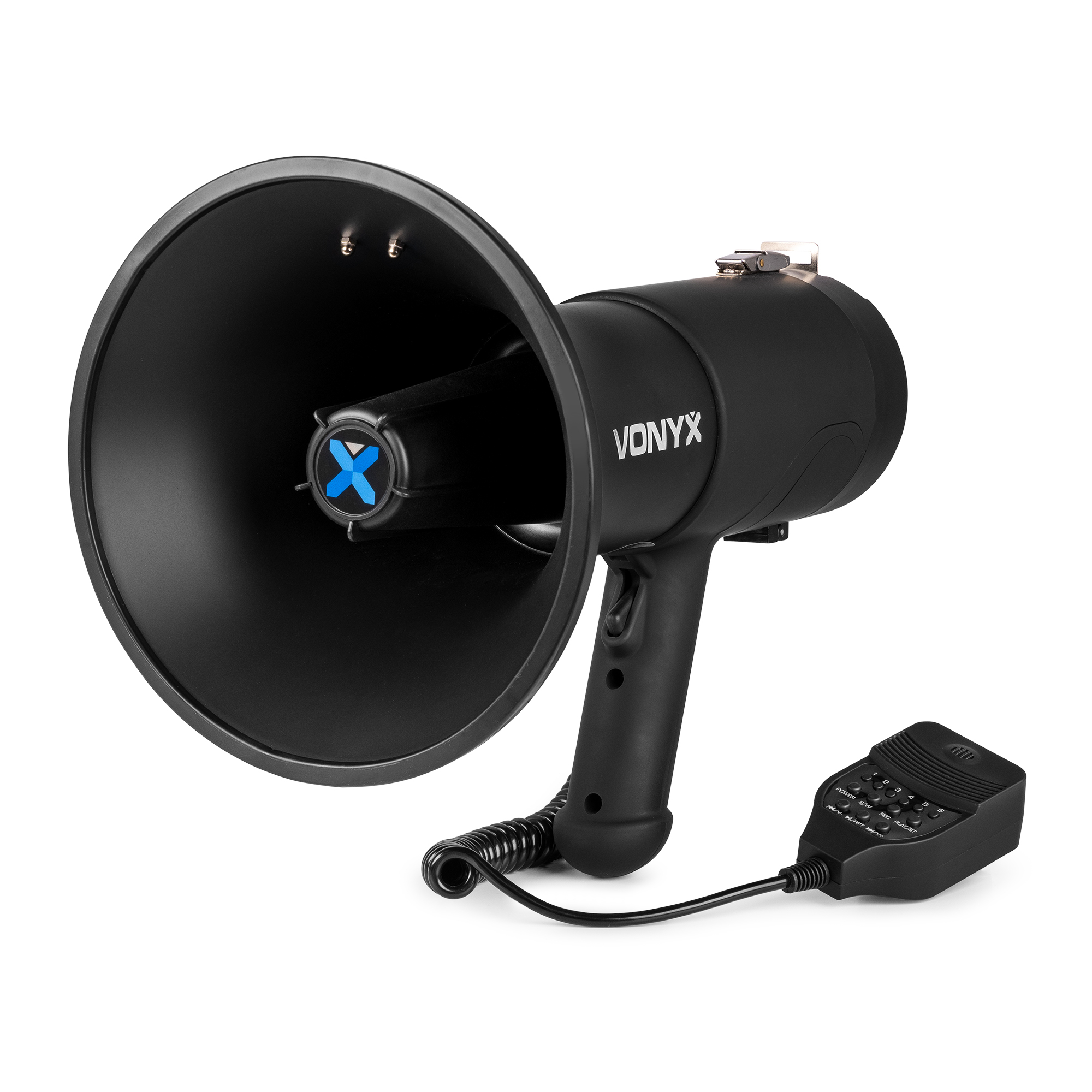 A black megaphone with a handle and a microphone.