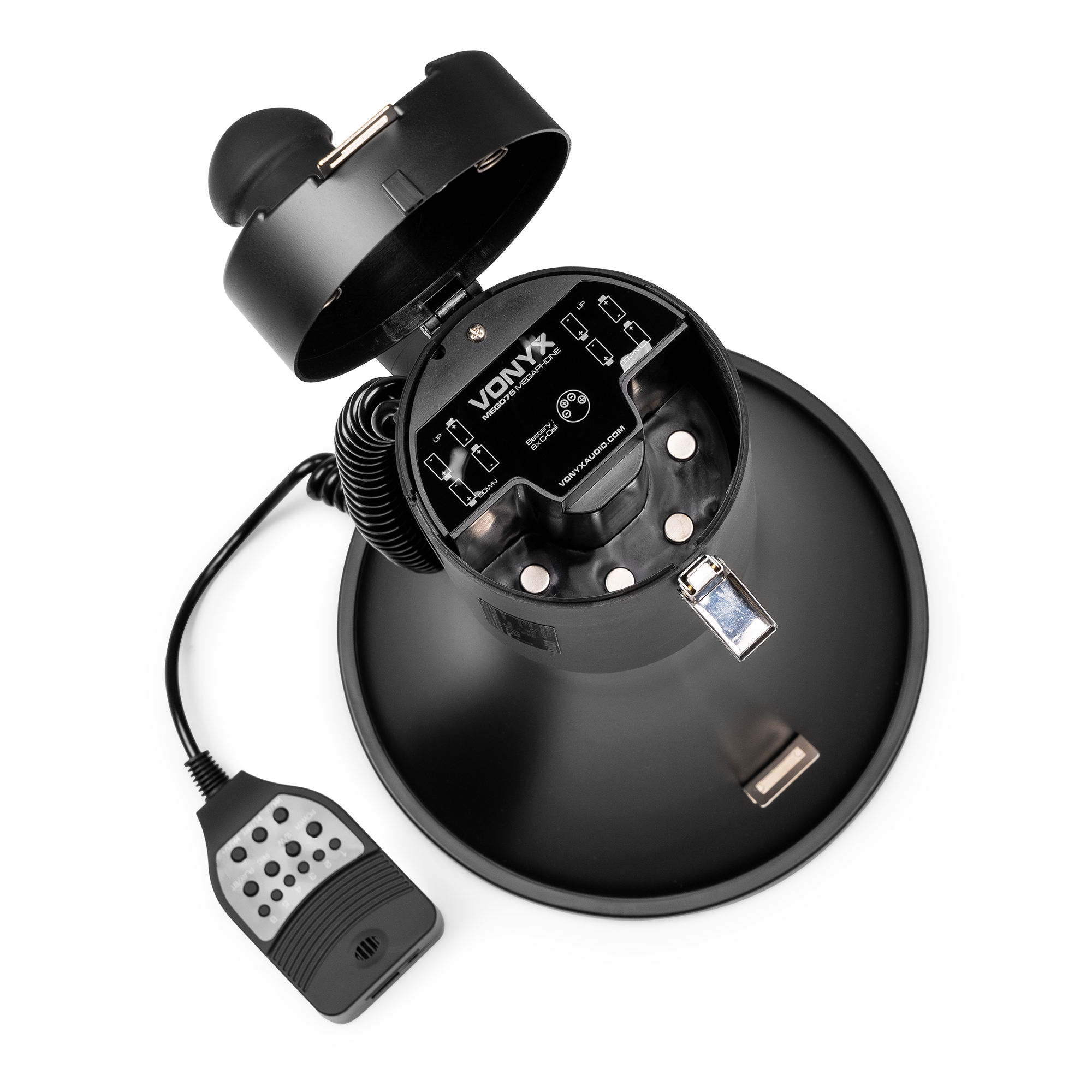 Black megaphone with a cable and microphone. White background.