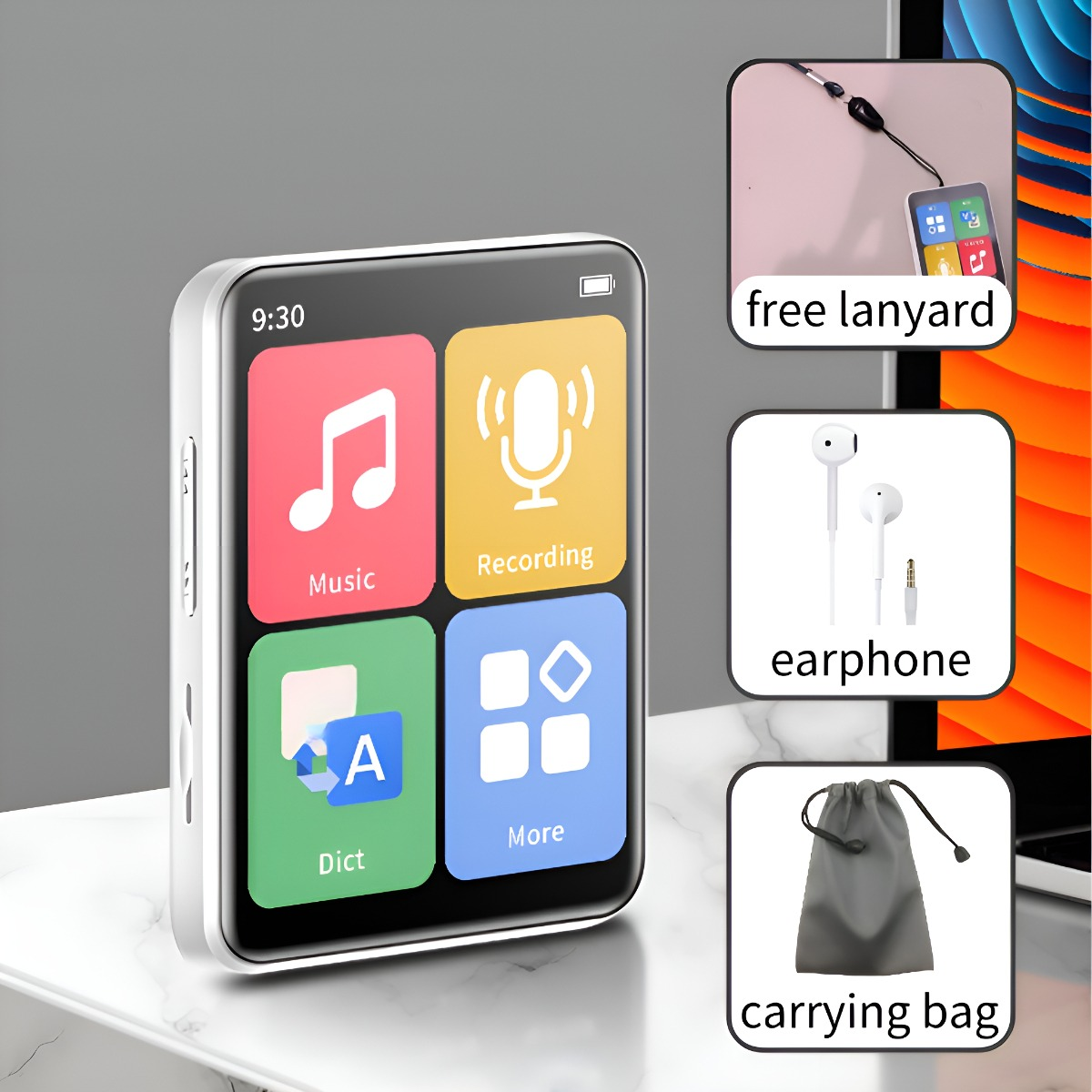 Weißer MP3-Player mit Bildschirm, der Symbole für Musik, Aufnahme, Diktat und mehr anzeigt, mit Zubehör.