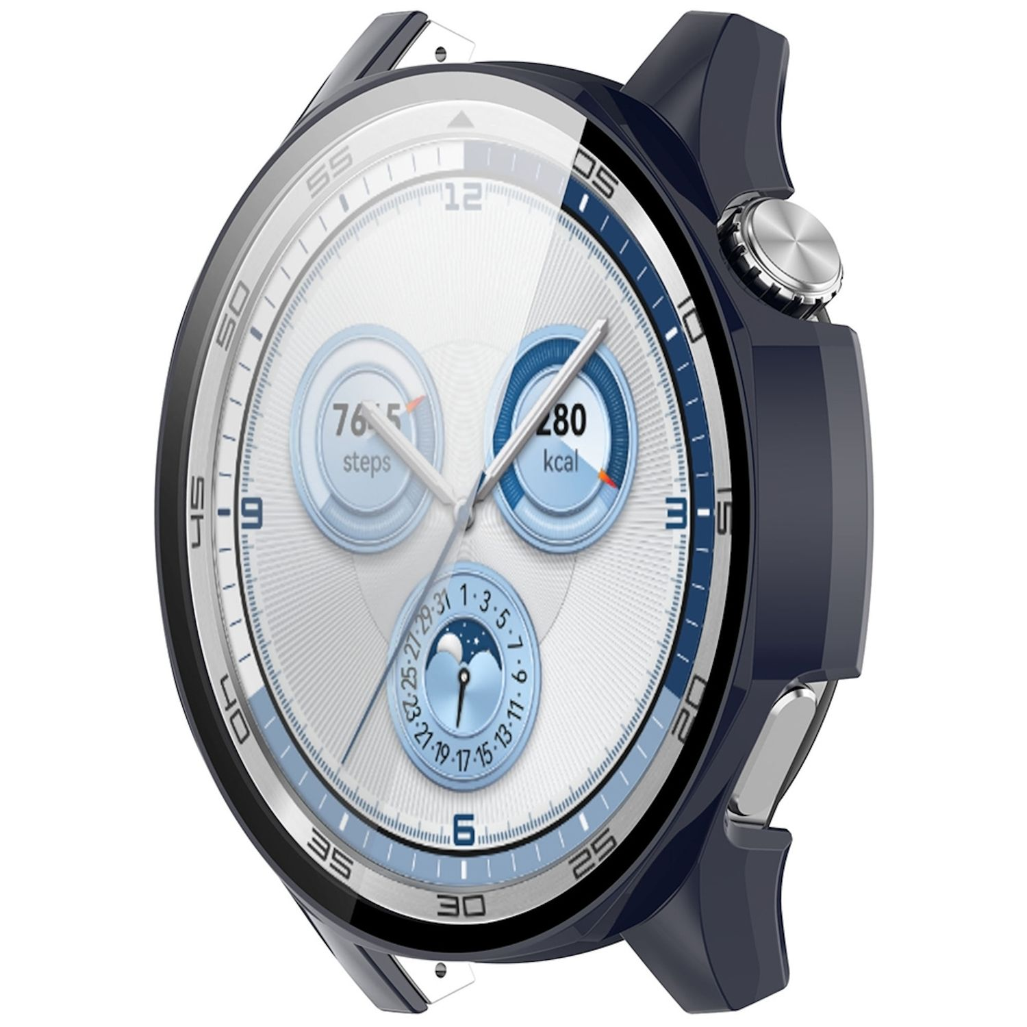 Un quadrante di smartwatch con visualizzazioni di dati. L'orologio è blu scuro e argento, con quadrante bianco e cinturino nero.