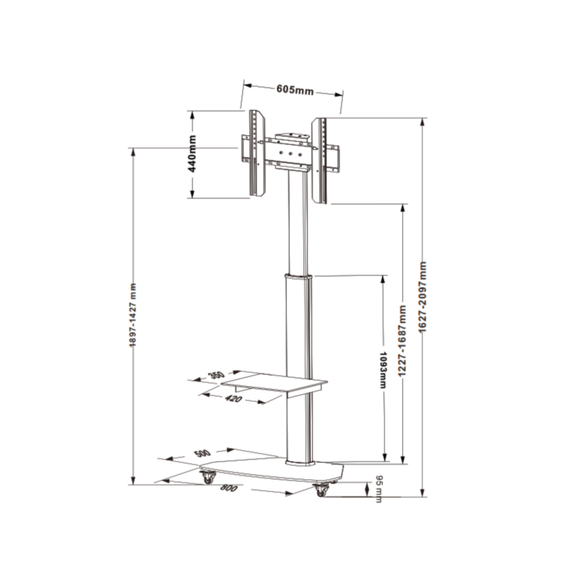 A technical drawing of a TV stand with measurements.