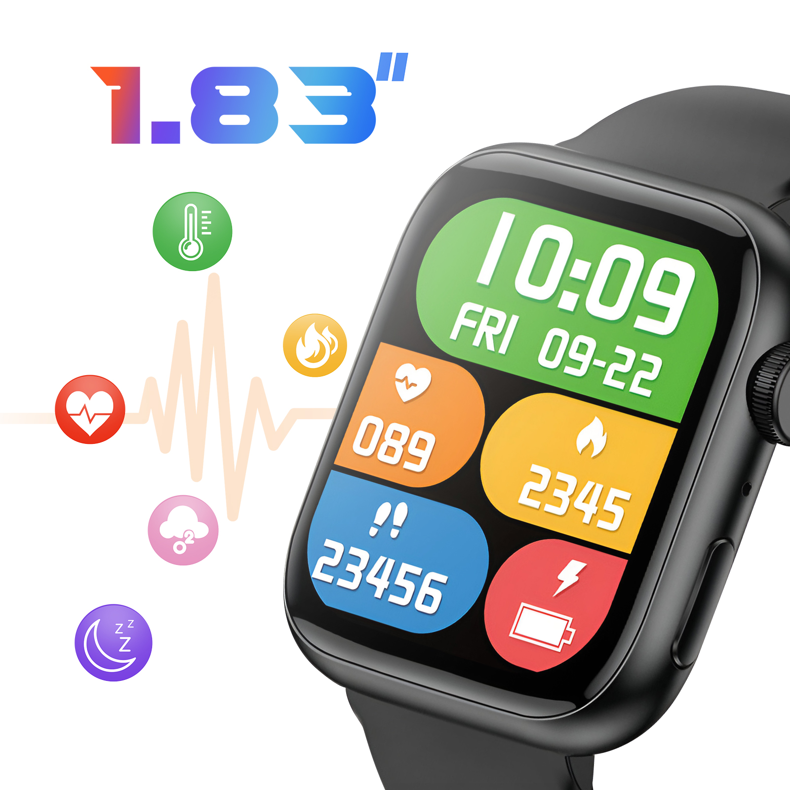 Smartwatch z kolorowym wyświetlaczem pokazującym czas, dane zdrowotne i ikony. Na ekranie widnieje napis '10:09 FRI 09-22'.