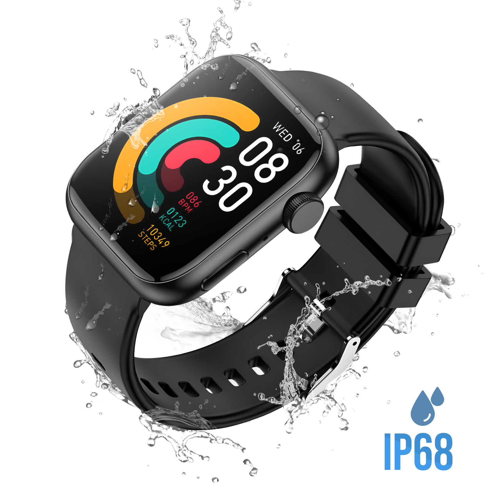 Czarny smartwatch z kroplami wody, wyświetlający czas i dane zdrowotne, IP68 wodoszczelność.