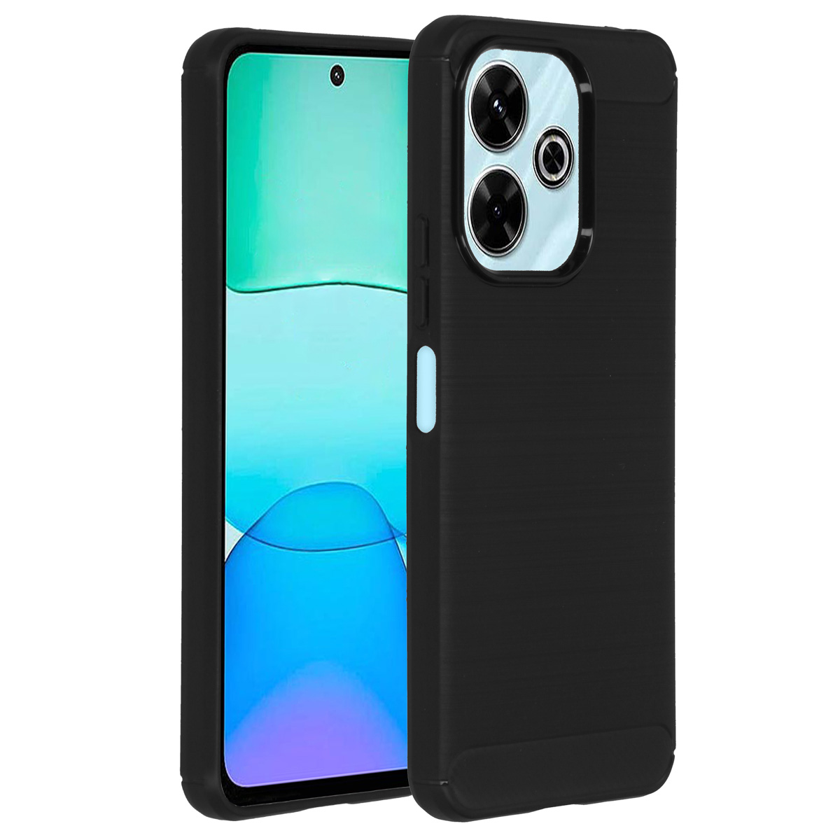 Zwarte telefoon in een zwarte hoes. De telefoon heeft een groen en blauw scherm.