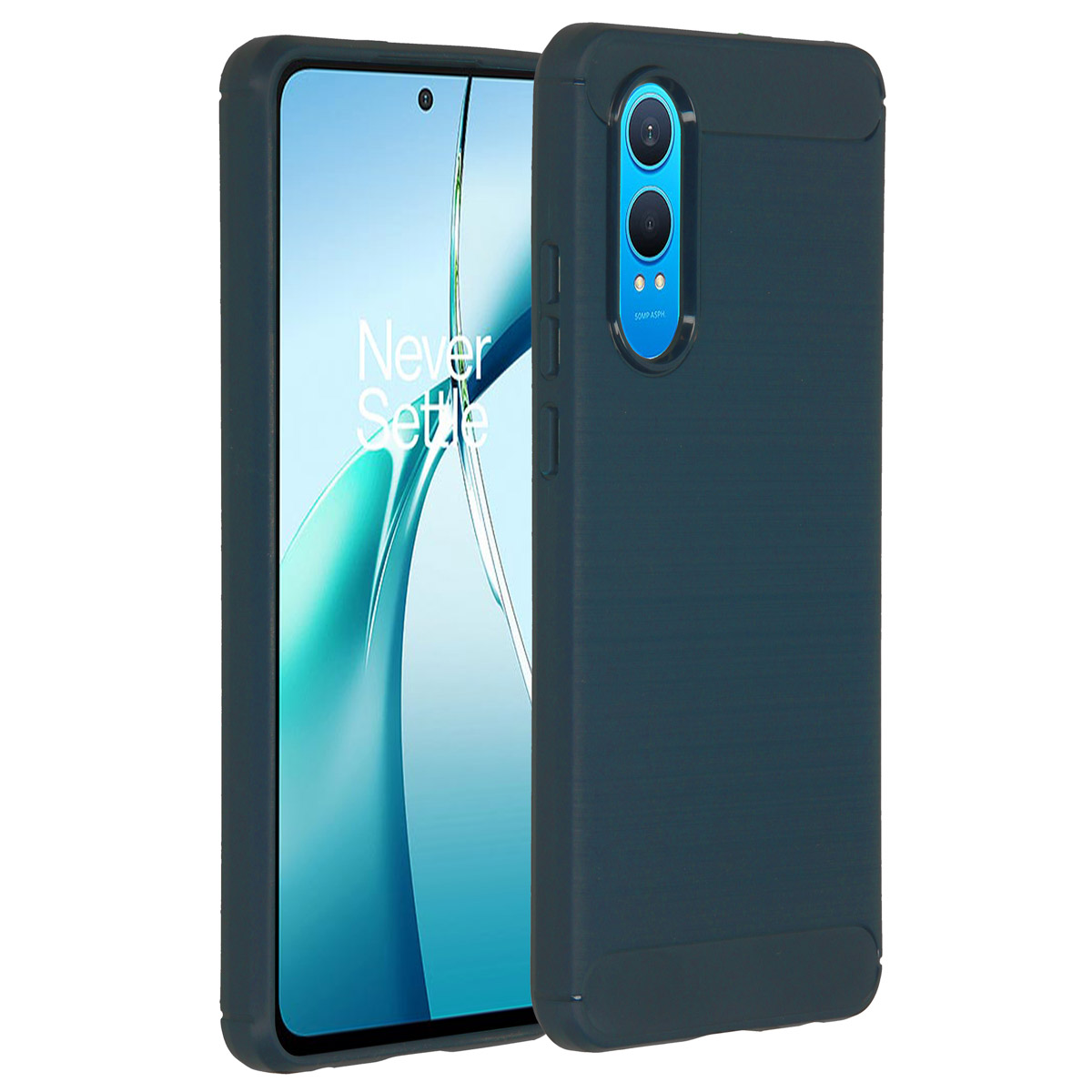 Donkerblauwe telefoon in een donkerblauwe hoes. Het scherm toont de achtergrond en het merk.