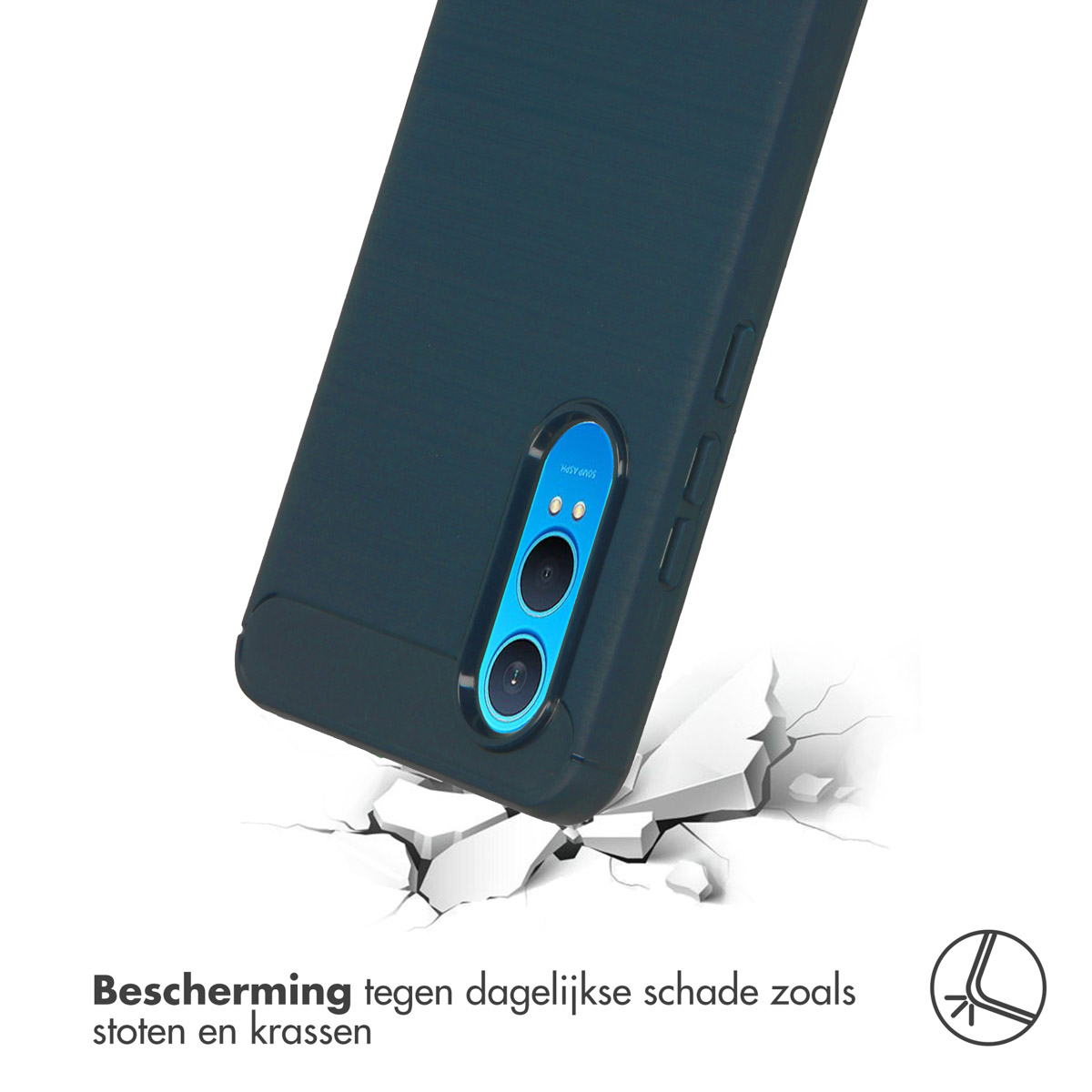Een donkerblauwe telefoonhoes op een wit oppervlak met scheuren.