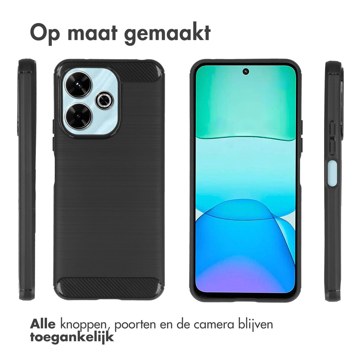Zwarte telefoonhoes met een zwarte telefoon erin. Vier weergaven: voor, zijkant, achterkant, zijkant.