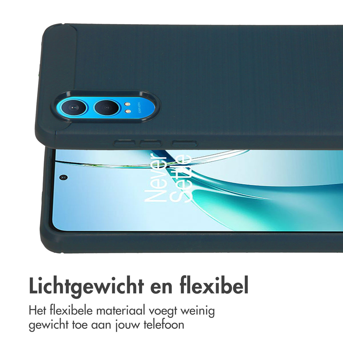 Donkerblauwe telefoon met beschermhoes, tekst: Lichtgewicht en flexibel. Witte achtergrond.