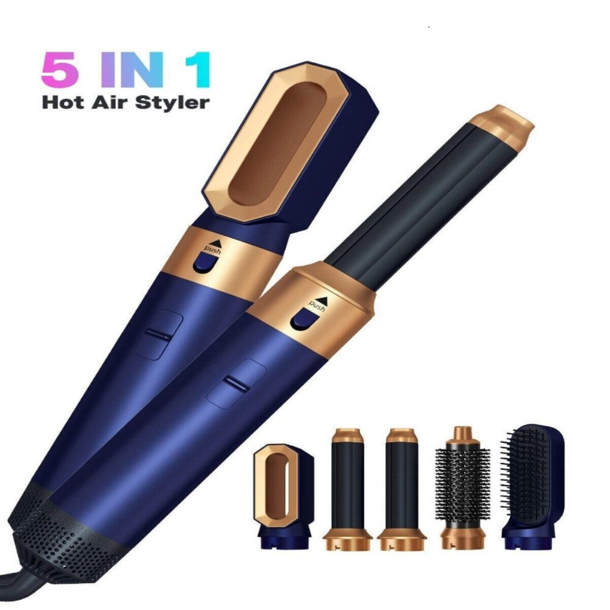 Ein 5-in-1-Heißluftstyler, blau mit goldenen Akzenten und mehreren Aufsätzen.