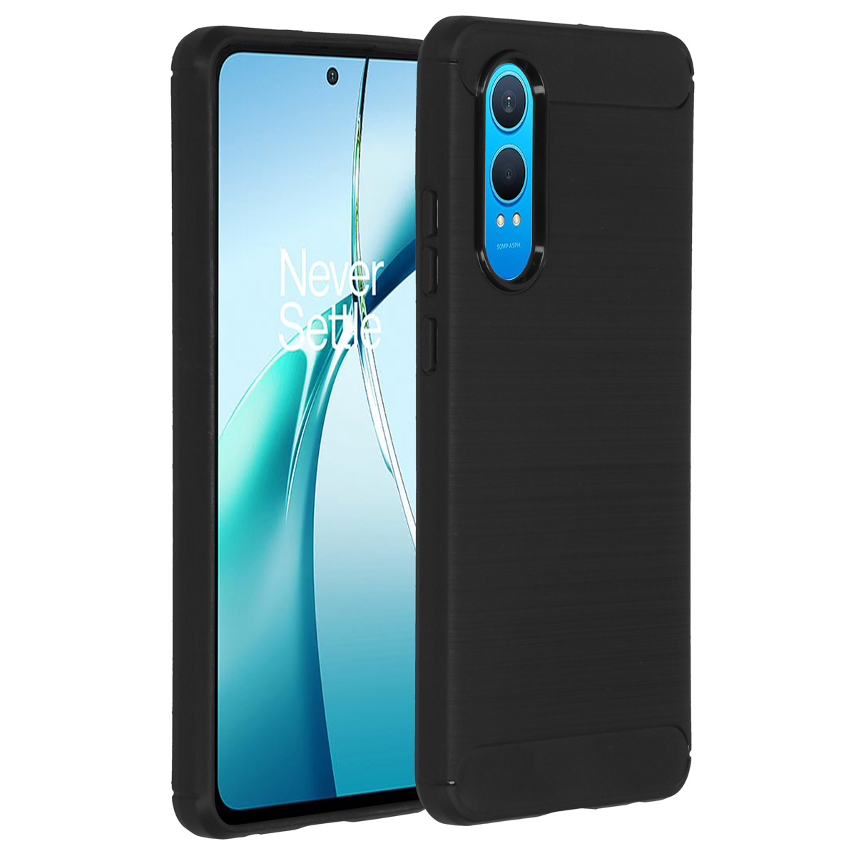 Zwarte telefoonhoes op een telefoon. De telefoon toont een blauw-witte achtergrond met de tekst 'Never Settle'.