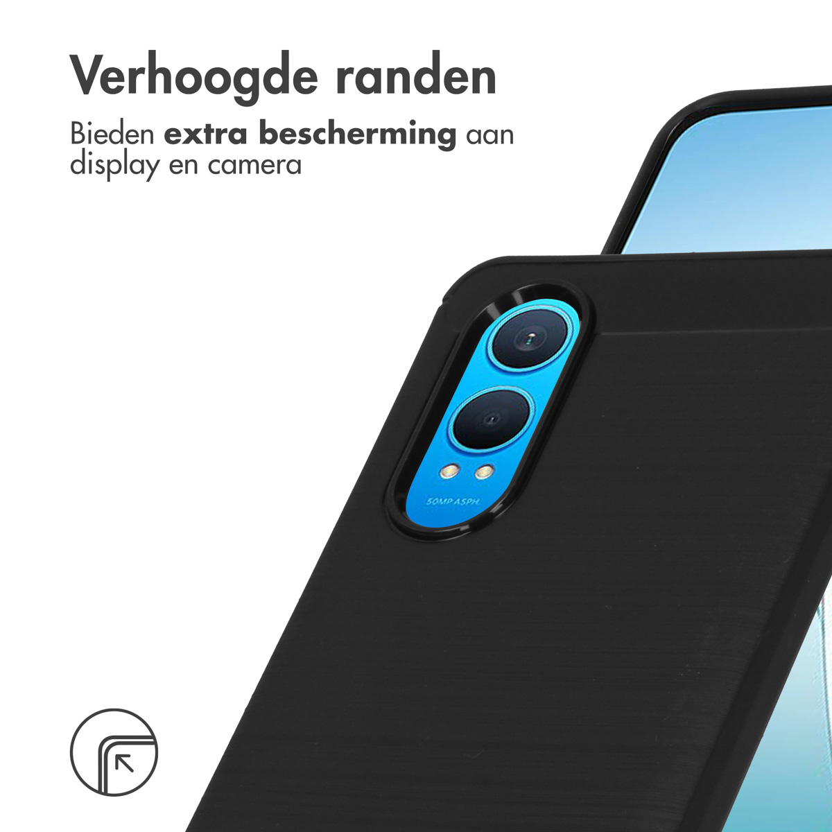 Zwarte telefoon met beschermhoes, camera zichtbaar. Tekst: Verhoogde randen. Wit.