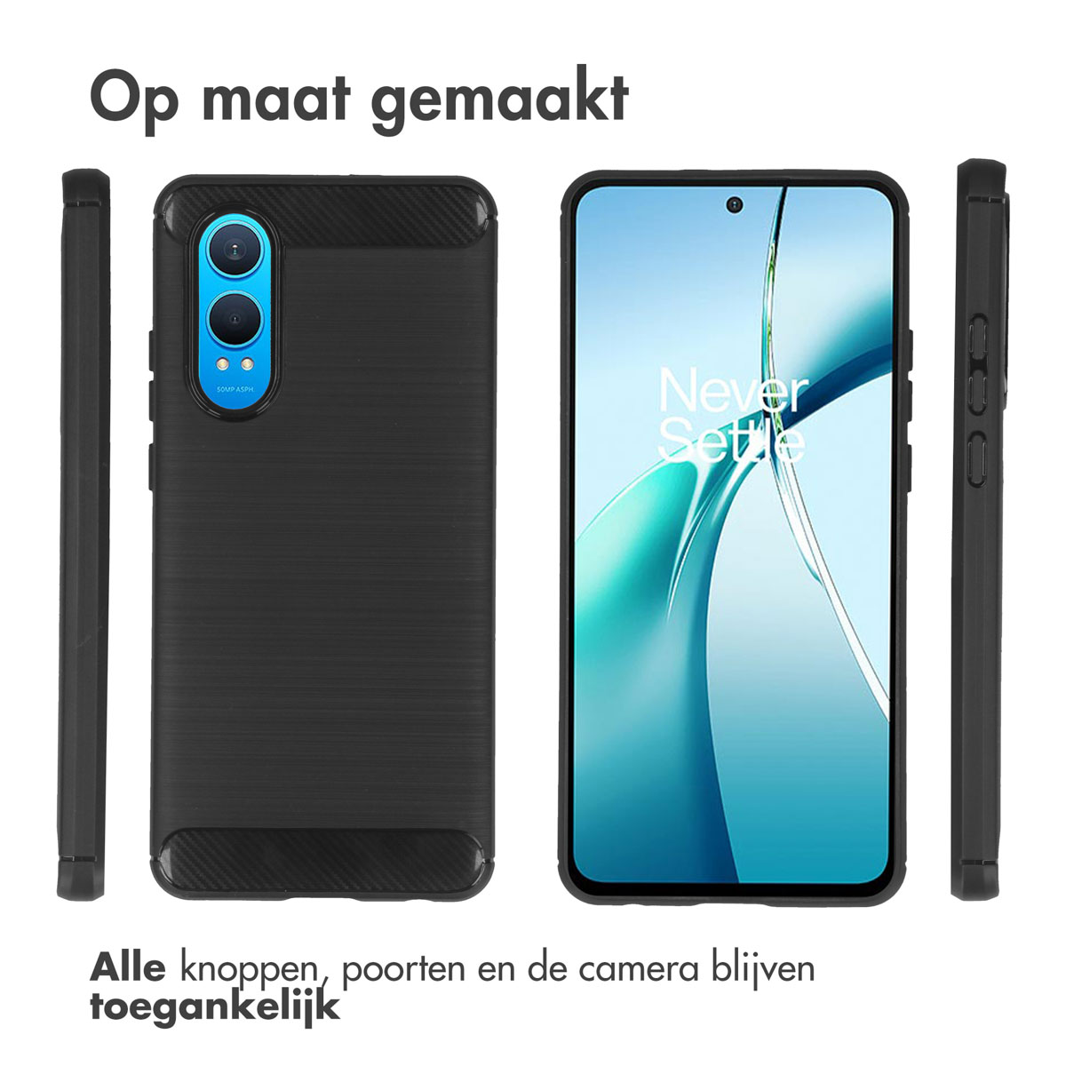 Zwarte telefoonhoes met telefoon, zijaanzicht en tekst.