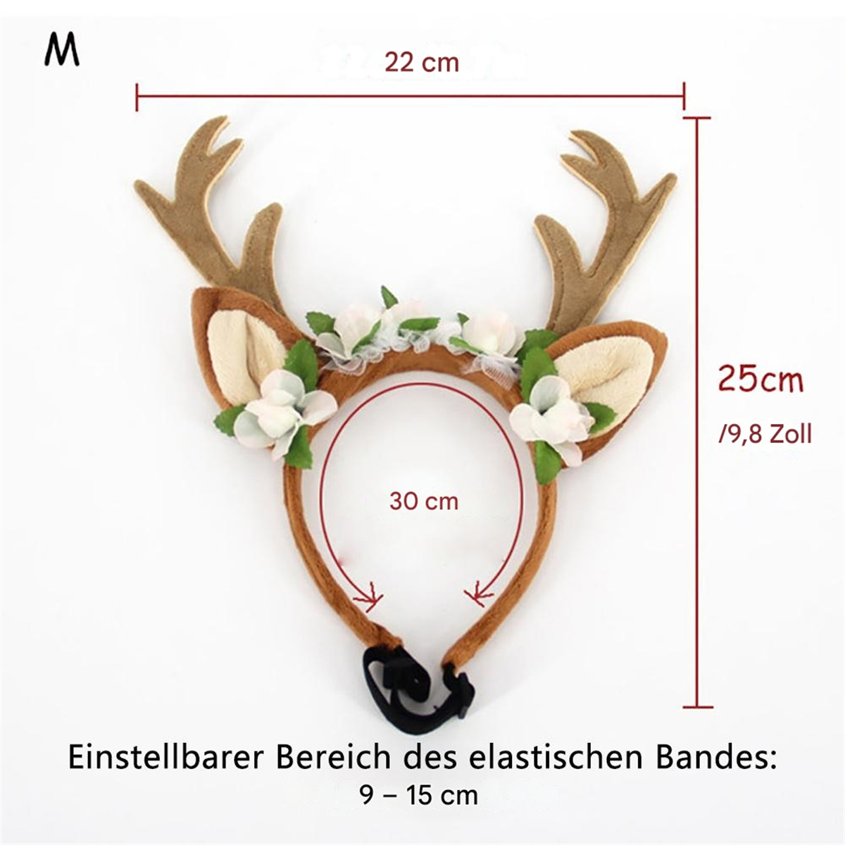 Ein braunes Stirnband mit Hirschgeweih und weißen Blumen, Maße werden angezeigt.