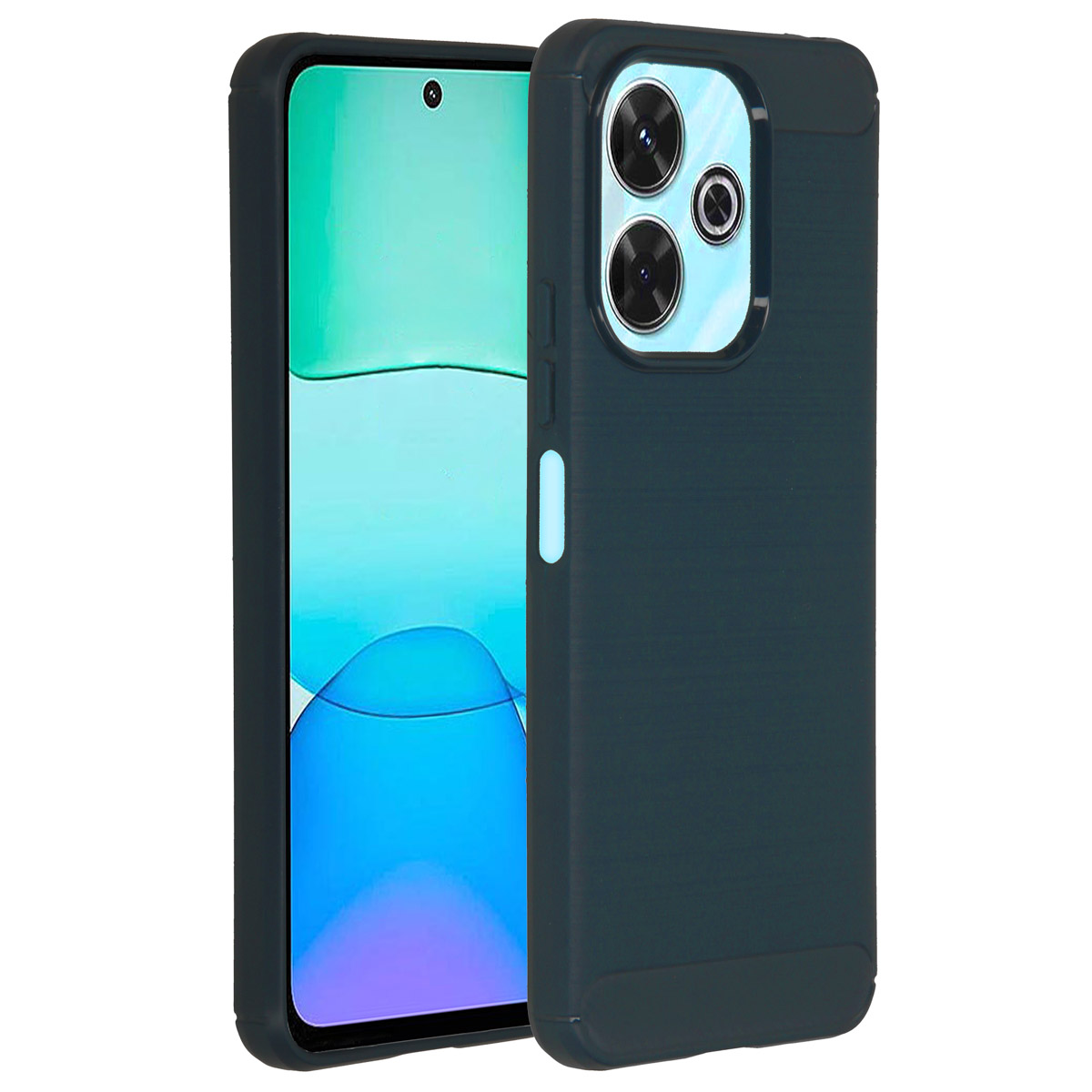 Donkerblauwe telefoonhoes met lichtblauwe telefoon, op een wit oppervlak.