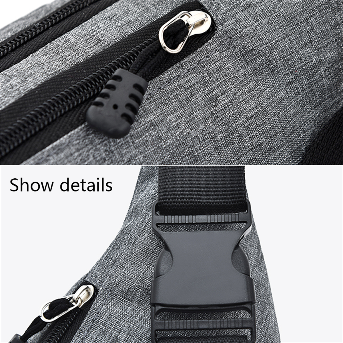 Nahaufnahme einer grauen Tasche mit Reißverschlüssen, einem schwarzen Zug und einem schwarzen Riemen mit Schnalle.