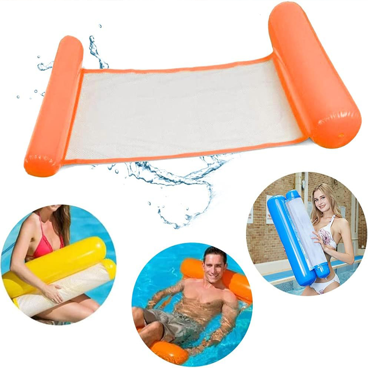 Schwimmende Pool-Hängematte im Wasser. Personen, die sie benutzen, werden in separaten Bildern gezeigt.
