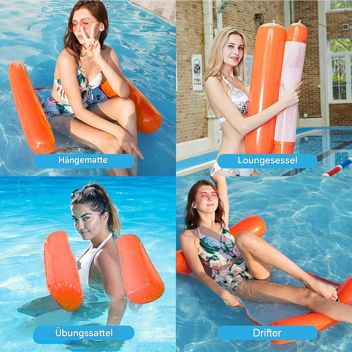 Vier Bilder von Menschen in einem Swimmingpool mit aufblasbaren Pool-Schwimmkörpern.
