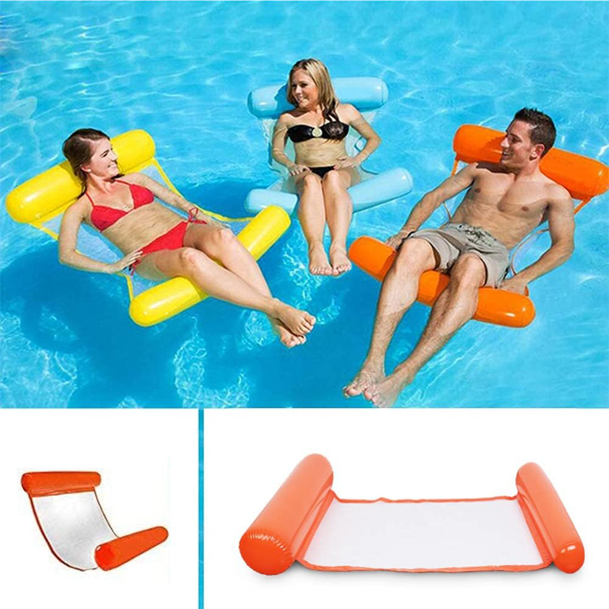 Drei Personen entspannen sich auf aufblasbaren Pool-Schwimmkörpern. Einer ist gelb, einer blau und einer orange. Das Wasser ist blau.