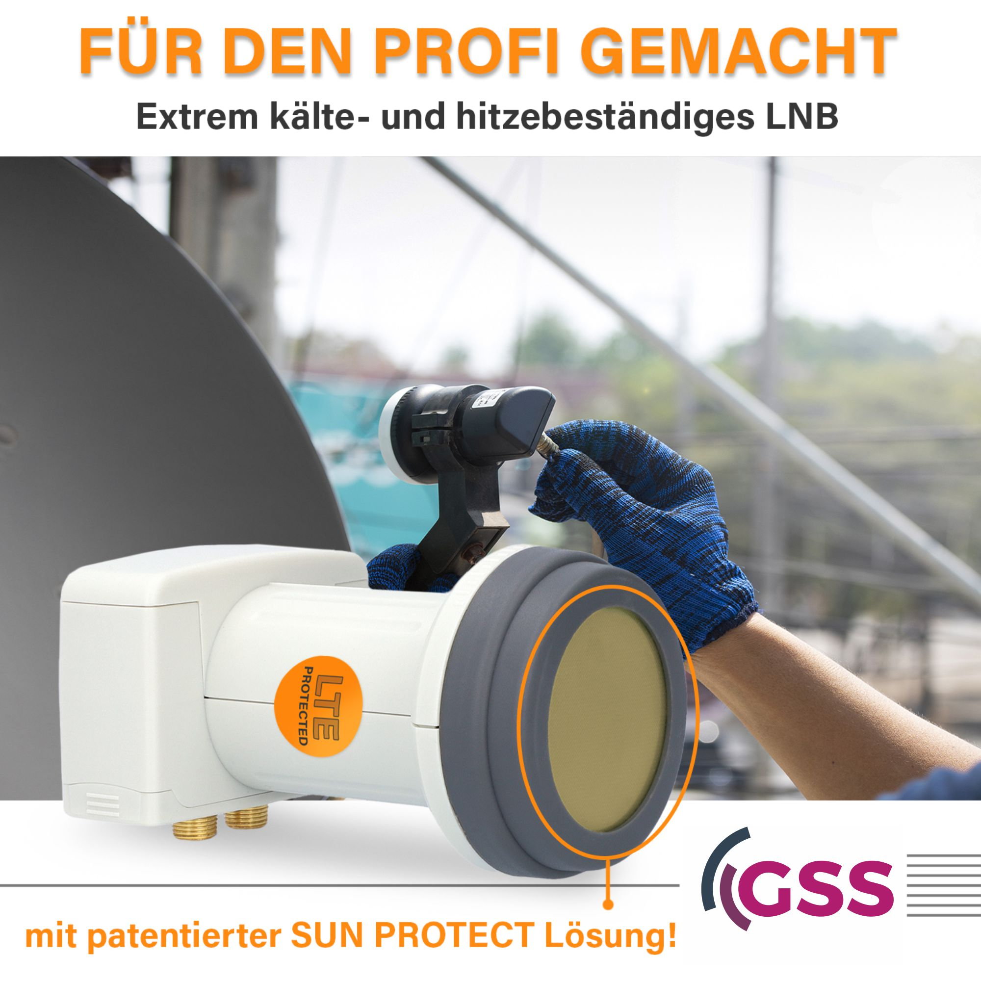 Satellitenschüssel LNB mit Text und einer behandschuhten Hand. Die Schüssel ist grau, mit einer weißen LNB-Einheit.