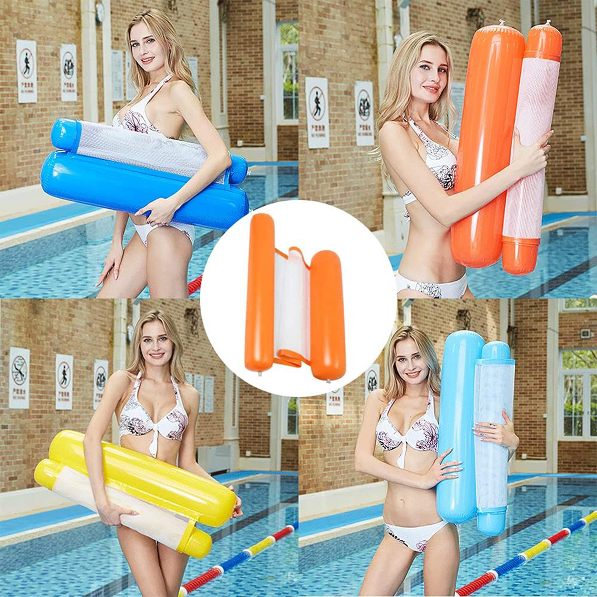 Vier Bilder von Frauen, die bunte Pool-Schwimmkörper halten. Der Pool hat Bahnenmarkierungen.