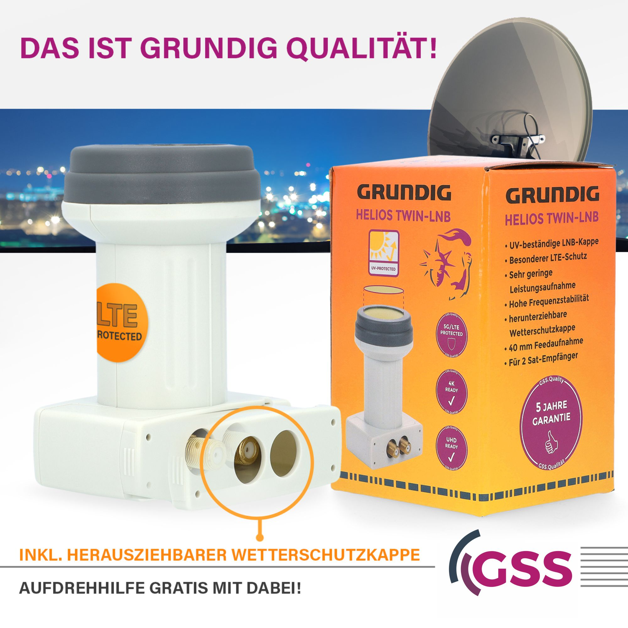 Grundig Satelliten-LNB mit Karton, zeigt 5 Jahre Garantie und LTE-Schutz, mit einer Satellitenschüssel.