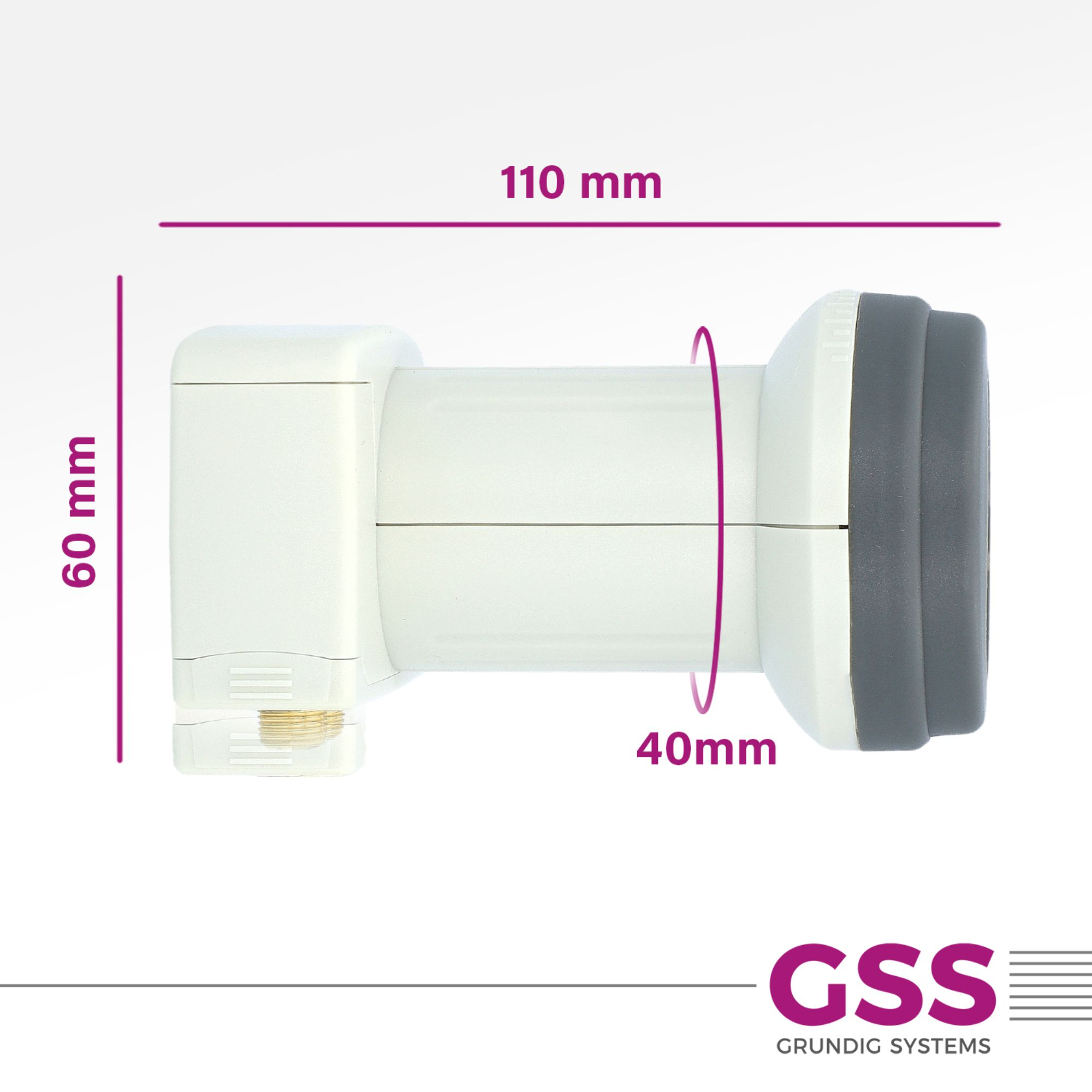 Weißer Satellitenempfänger mit Maßen. Abmessungen: 110mm x 60mm x 40mm. Das Logo von GSS Grundig Systems.